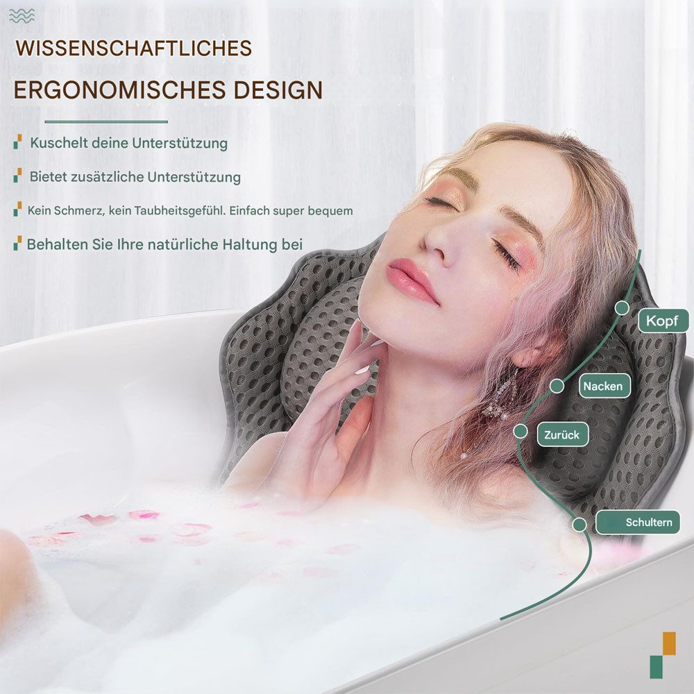SURFOU Badewannenkissen Luxuriöses Badekissen 4D Badekissen mit ergonomischer mit 6 Saugkappen, Unterstützung für Kopf, Nacken, Schultern und Rücken – 4D Badekissen mit 6 starken Saugkappen, passend für alle Badewannen, 1-tlg., mit Haken, außergewöhnliche Atmungsaktivität und Komfort, Entspannen Sie Ihre Schultern und Ihren Nacken