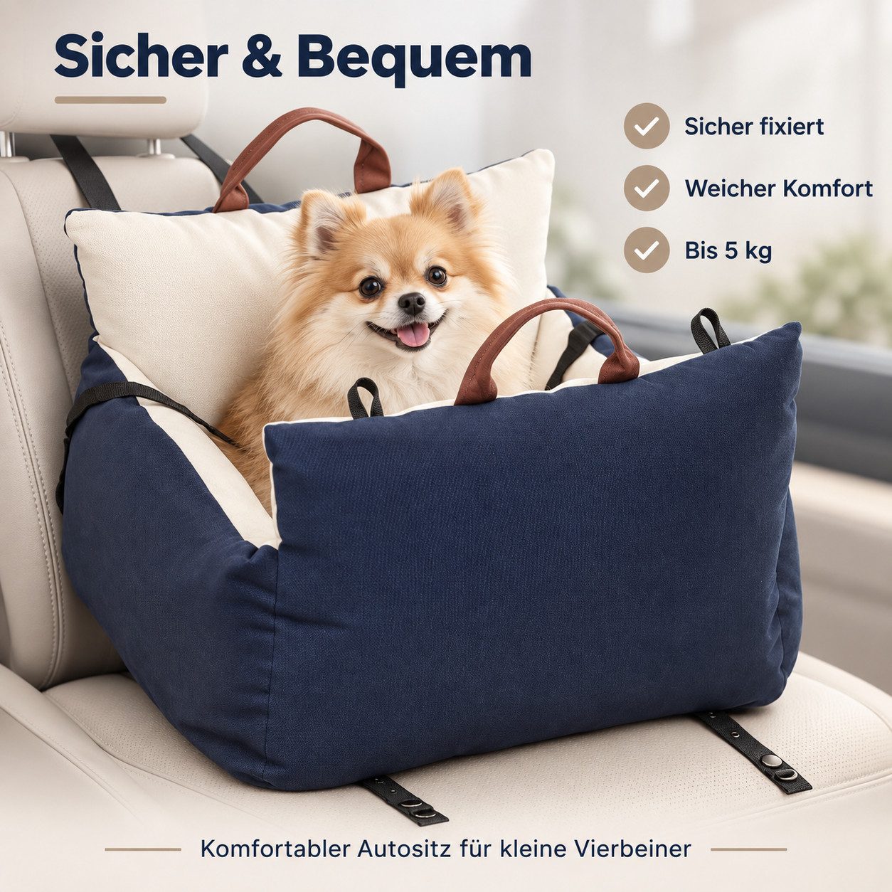 MIBODE Tierbett Hundeautositz mit 2 Gurten und waschbarem Bezug, Blau, Baumwoll-Canvas, 2 Gurte, Sicherungsleine, waschbarer Bezug, Tragegriffe, bis 5 kg