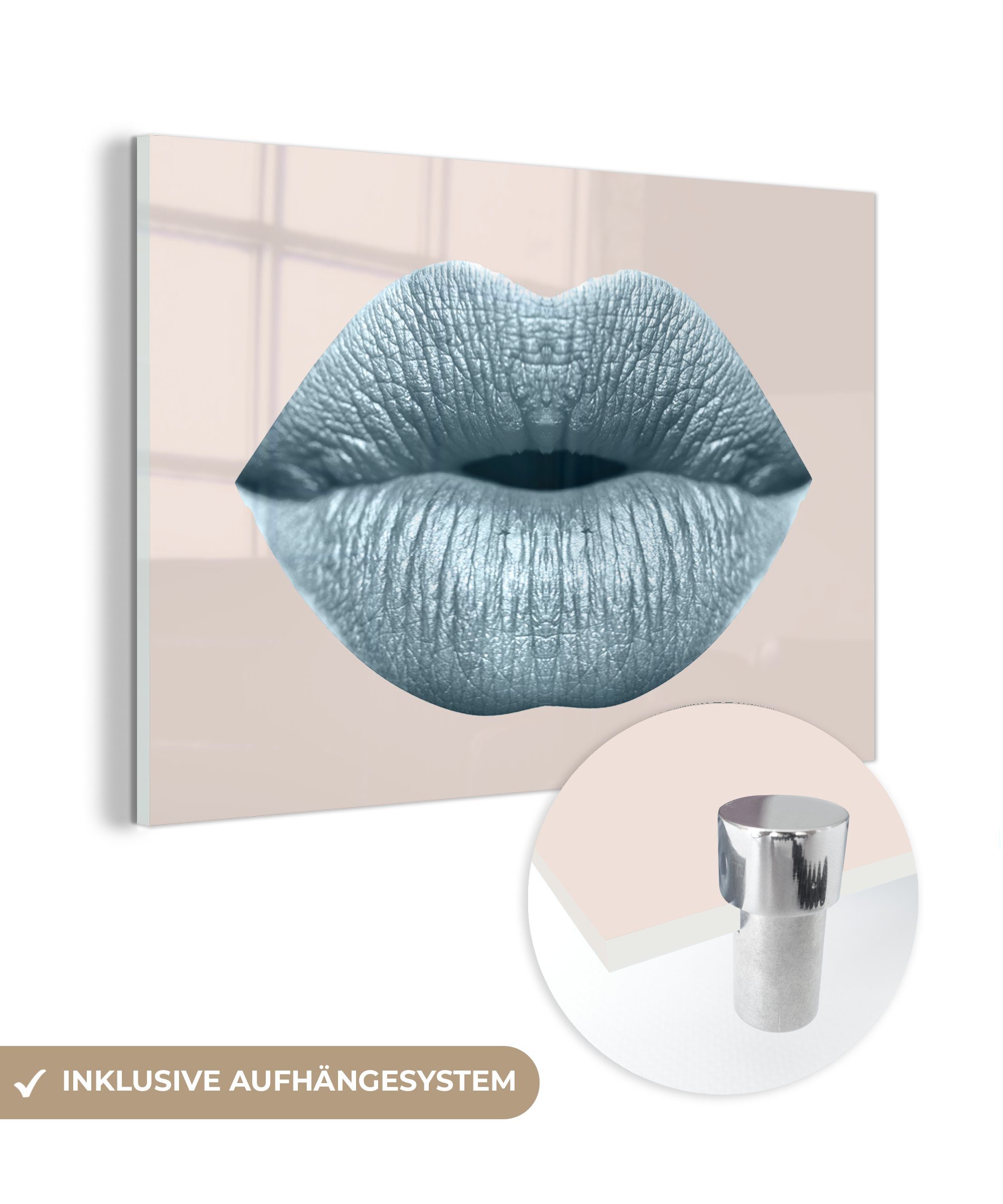 MuchoWow Acrylglasbild Lippen - Pastell - Foto (1 - auf auf Glasbilder Glas St), Grau, Glas Wanddekoration - Wandbild - Bilder
