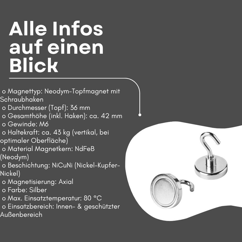 MaajeeKuto Magnet Neodym Hakenmagnet 36mm Topfmagnet mit Schraubhaken Haftkraft ca. 43kg (1-St)