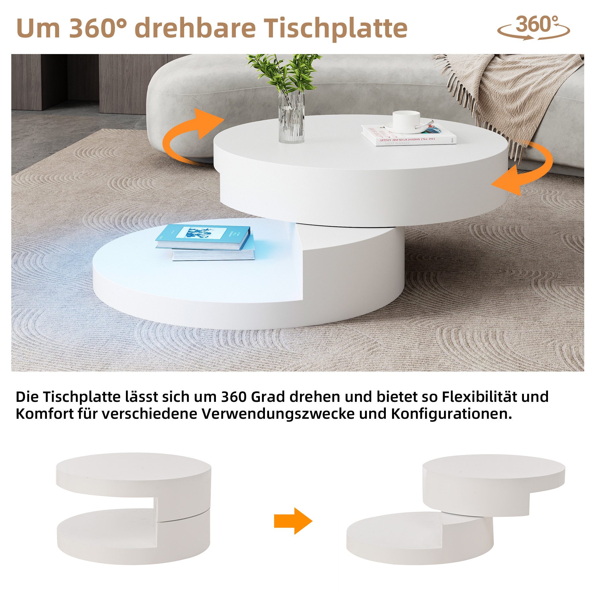 Odikalo Couchtisch Beistelltisch Sofatisch Kaffeetisch Teetisch Drehbar Hochglanz Weiß