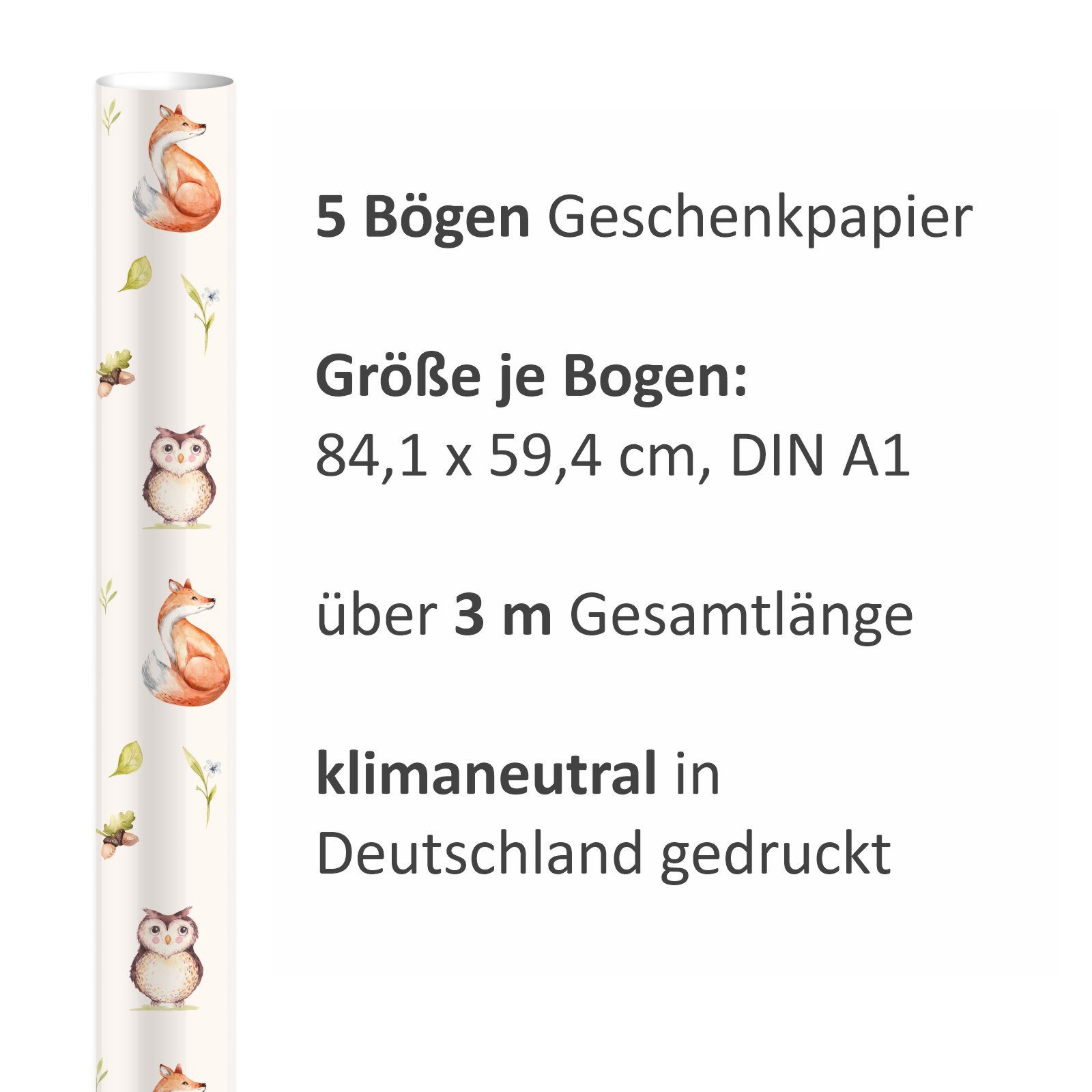 nikima Geschenkpapier 5 Bögen Geschenkpapier Waldtiere - 1,60€/qm - 84,1 x 59,4 cm, 5 Bögen – Bild 4 von 5