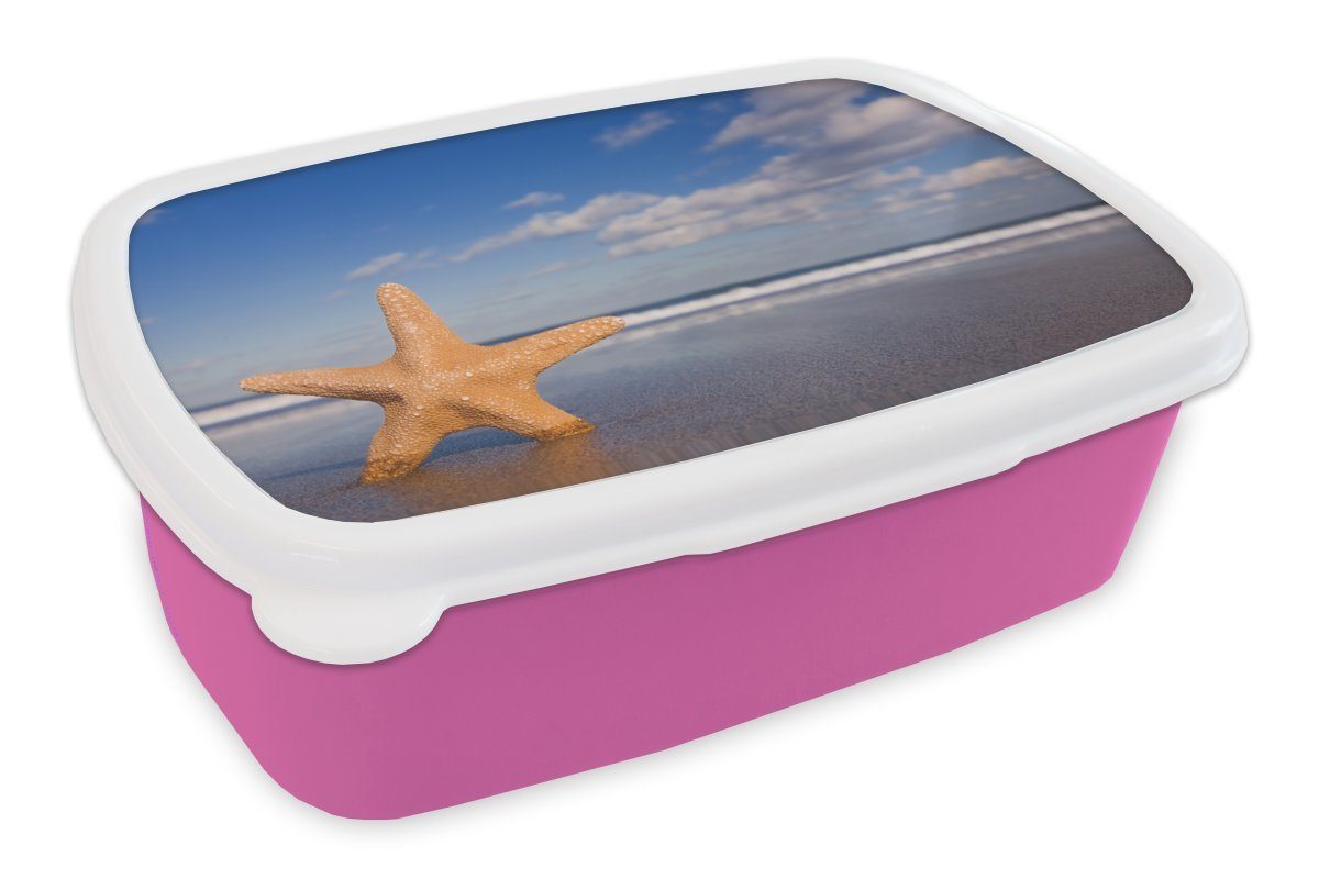 MuchoWow Lunchbox Seestern - Orange (2-tlg), Kunststoff für Brotbox Mädchen, Erwachsene, Kunststoff, rosa Snackbox, Sand, - Kinder, Brotdose