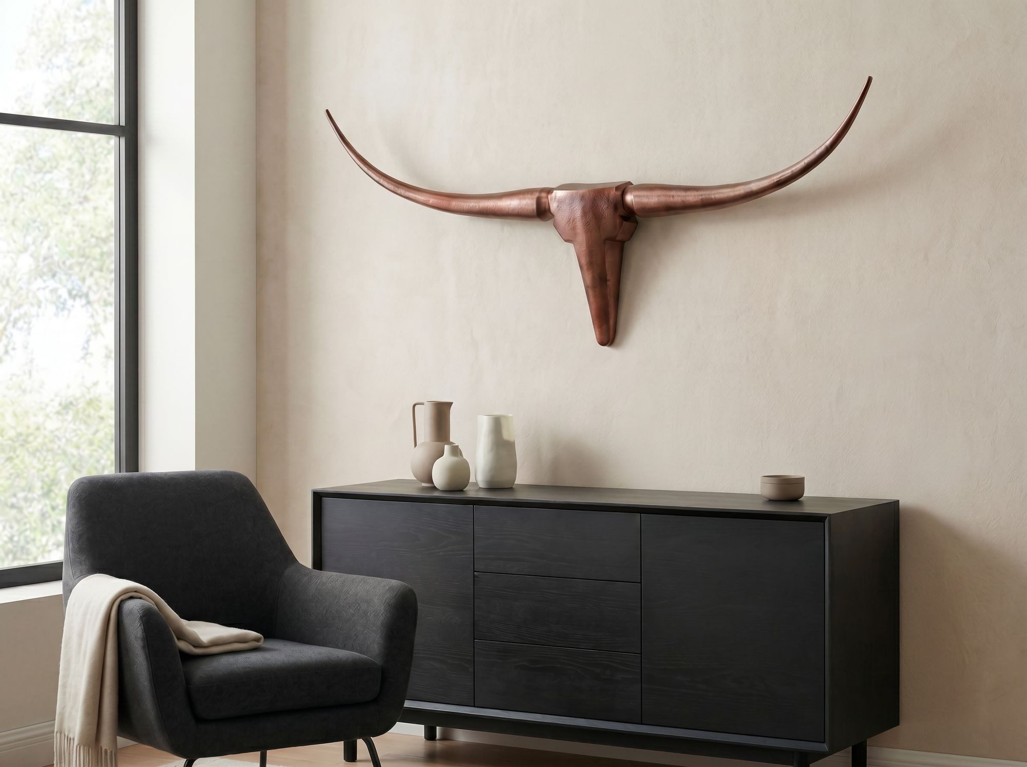 FineBuy Deko Geweih Bull M FB37860 Bronze 100 cm Aluminium Design Hörner, Wanddekoration Stierkopf Horn Modern, Wandskulptur Geweih-Jagdtrophäe Metall, Longhorn – Bild 2 von 5