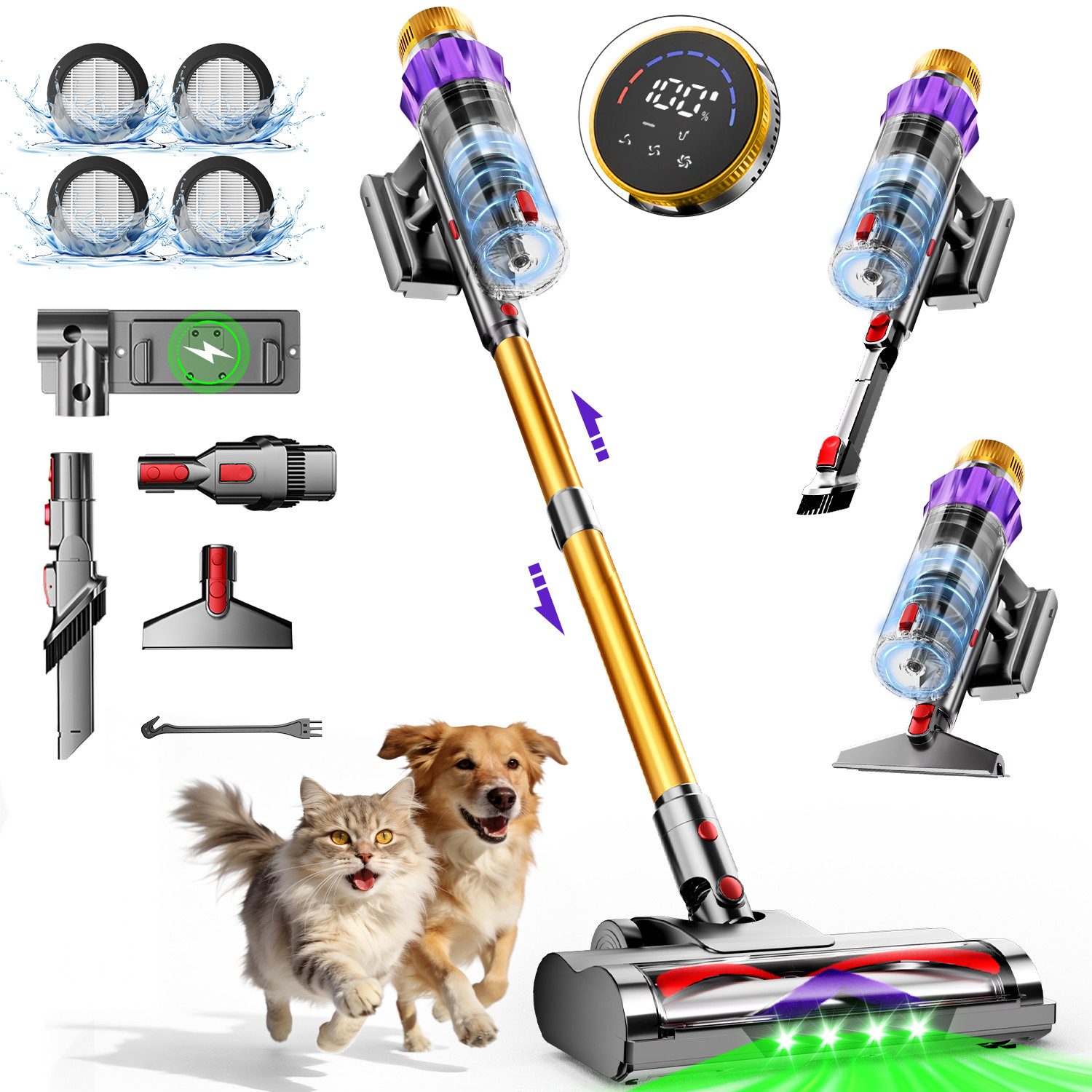 Adormii Akku-Hand-und Stielstaubsauger Akku staubsauger 80000Pa/70Min, Staubsauger Kabellos HEPA*4, 8-stufiges Filtersystem,LED und V-förmige Anti-Tangle-Bürste, Smartes LED-Display,50dB leise,für Teppich,Hartböden&Tierhaare