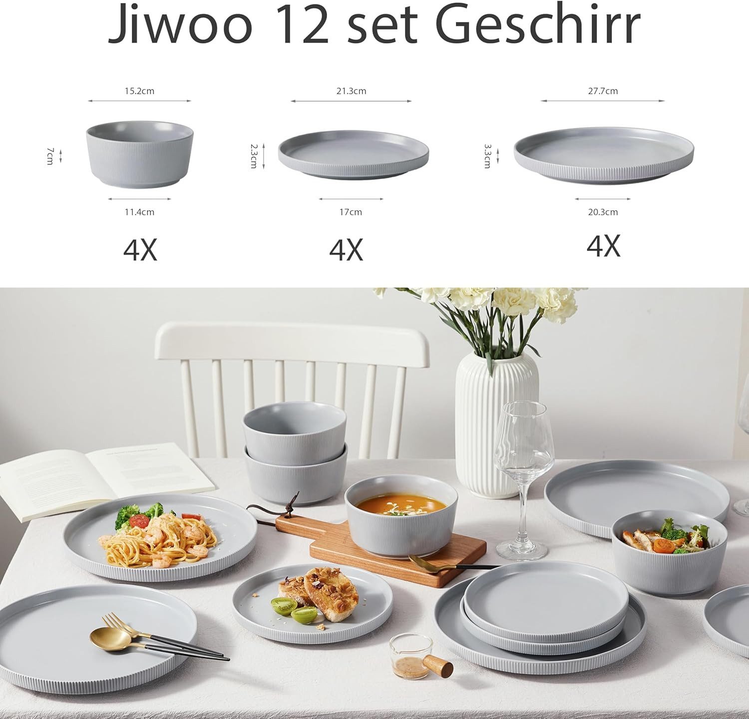JIWOO Geschirr-Set 12tlg Kombiservice Teller-Set Tafelservice Schüssel-Set Speiseteller (12-tlg), 4 Personen, Keramik, Hochwertiges Geschirr set Grau Mikrowelle – Bild 2 von 5