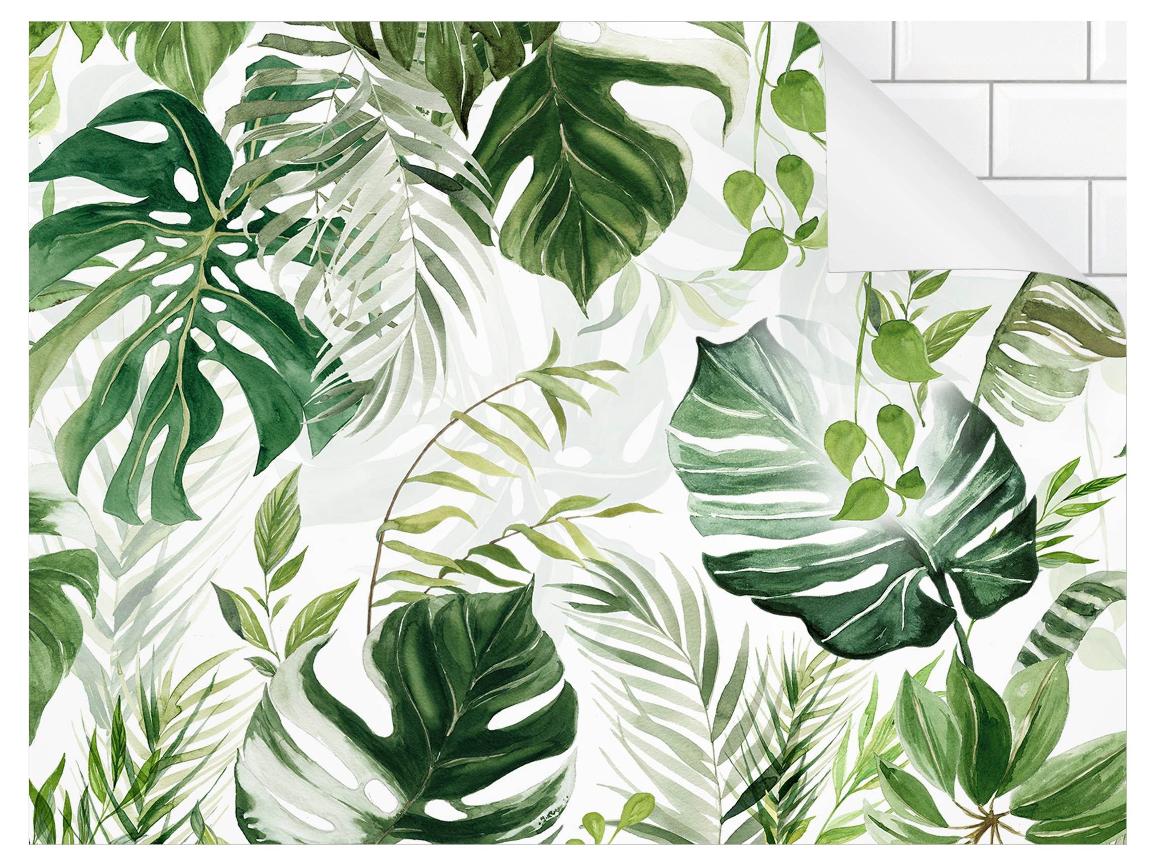 Bilderdepot24 Badrückwand grün fugenlose Wandverkleidung Bad Tropisch, (Hartfolie matt » Selbstklebend SMART 0,35 mm), wasserfestes Wandpaneel Tropische Blätter Ranken-