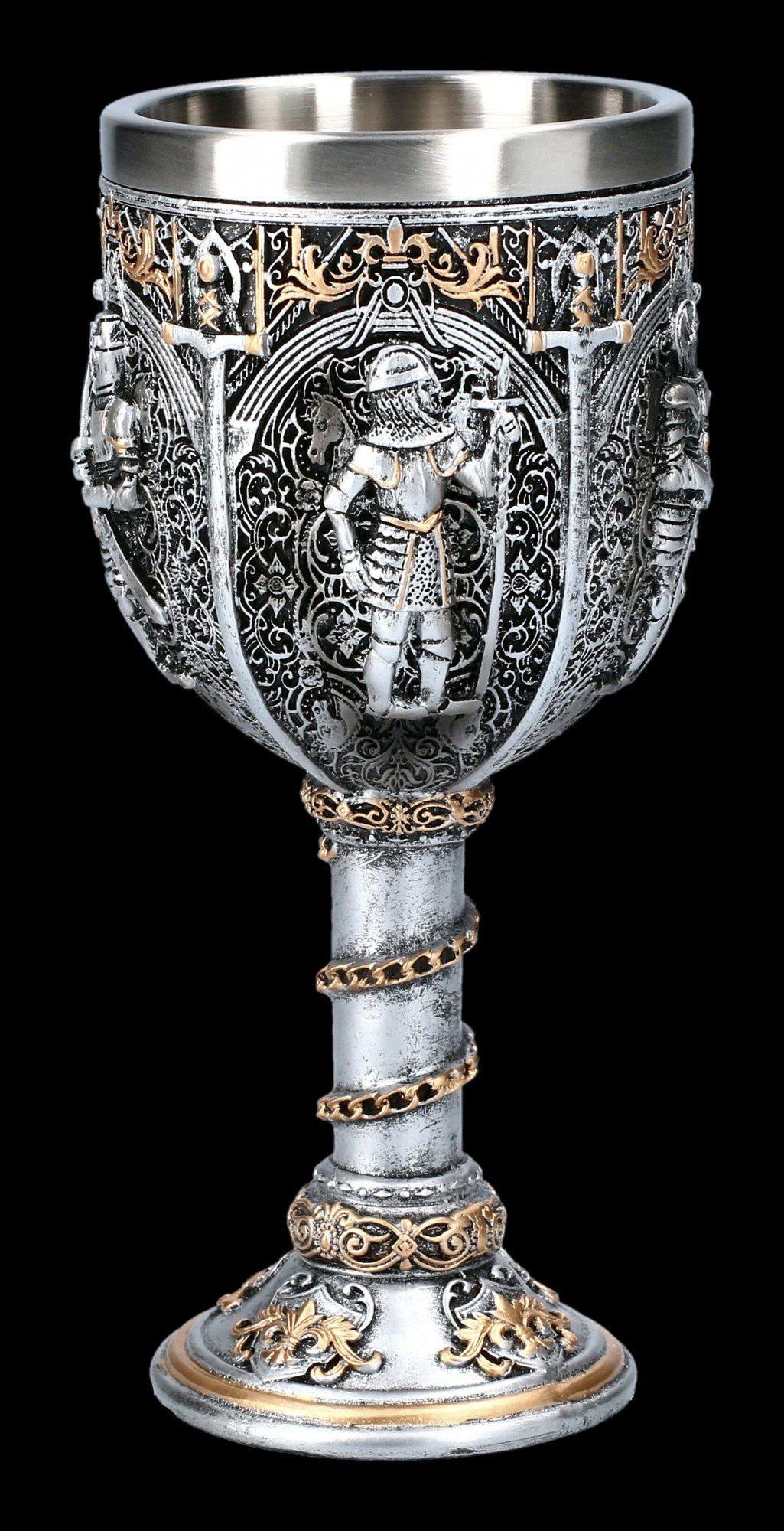 Figuren Shop GmbH Becher Kelch mit Ritterrüstungen - Fantasy Becher Ritter Mittelalter, Kunststein (Polyresin), Edelstahl