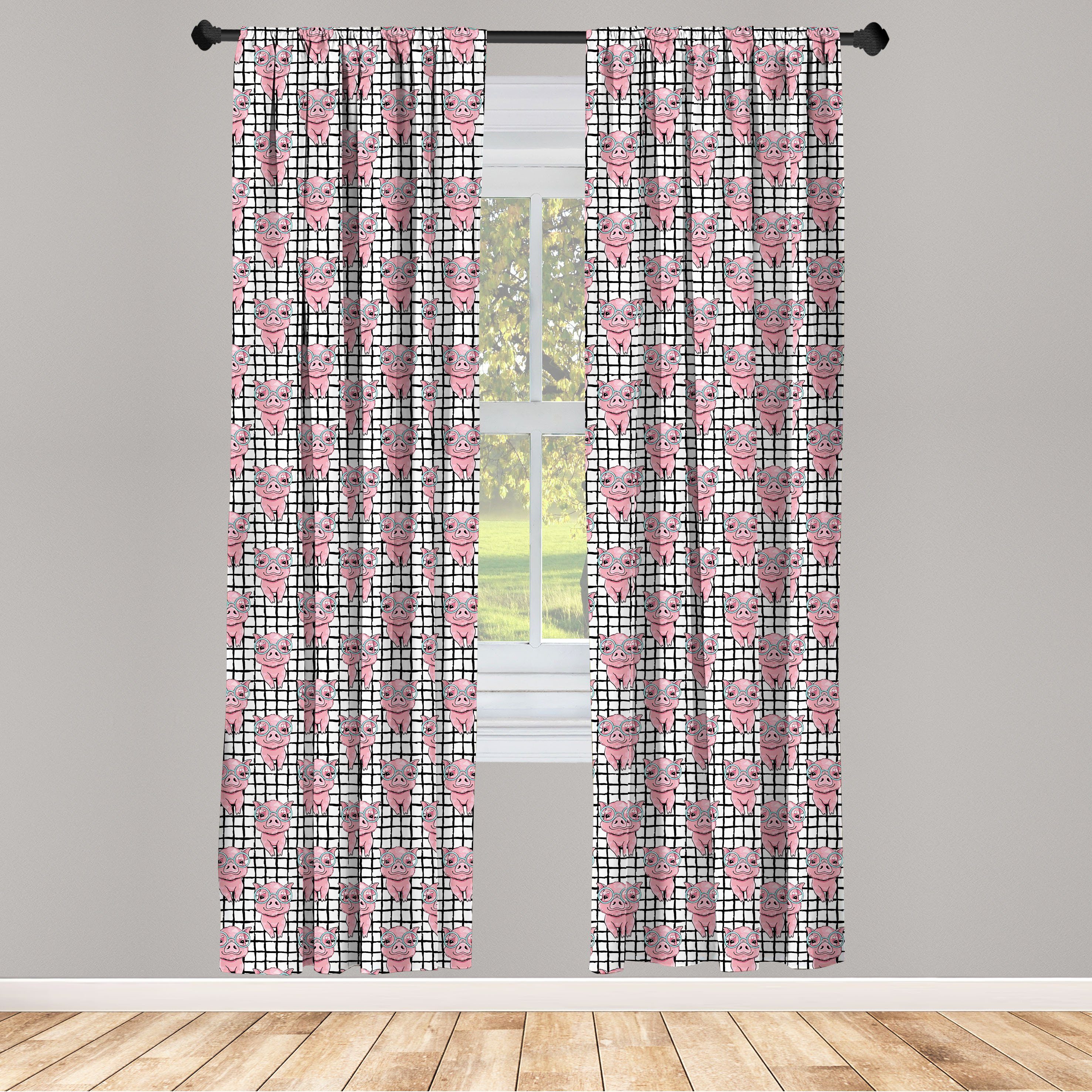 Gardine Vorhang für Wohnzimmer Schlafzimmer Dekor, Abakuhaus, Microfaser, Ferkel Nerdy Schweine und Quadrate | Fertiggardinen