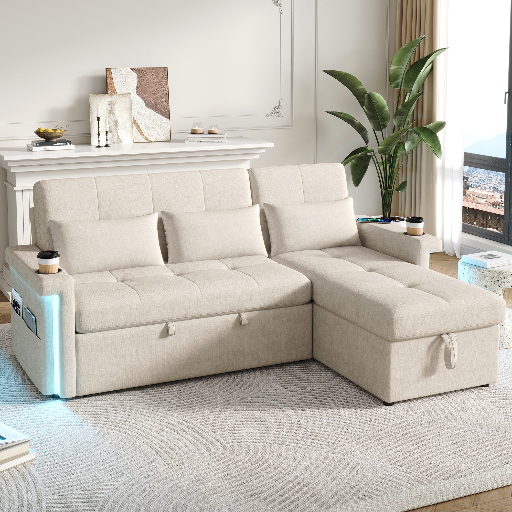 STILVORA Schlafsofa mit Schlaffunktion L-förmiges Ecksofa Multifunktionssofas mit USB&LED, Set 1 Teile, Wohnzimmersofa mit Stauraum, umwandelbar in ein Schlafsofa