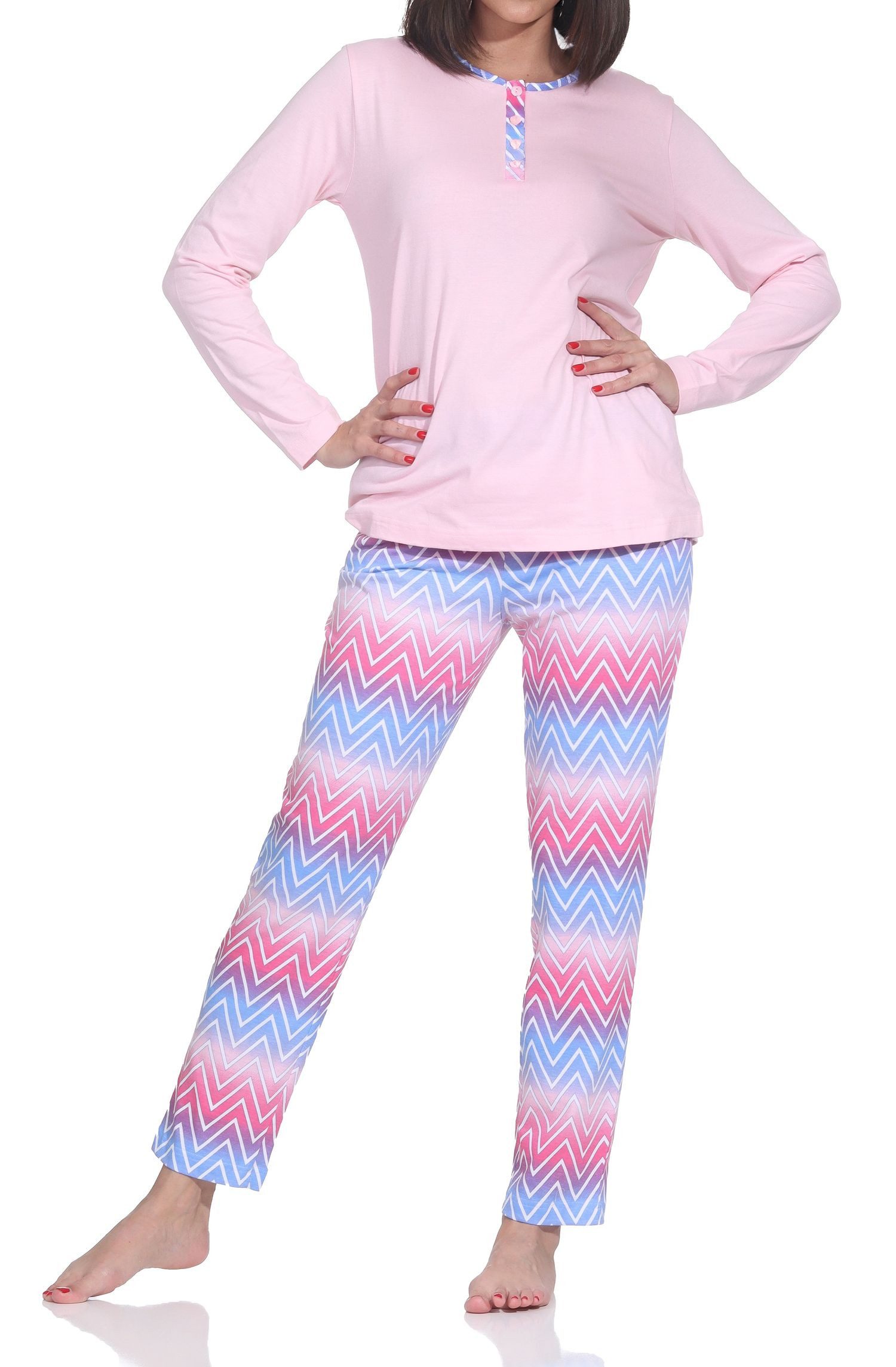 Normann Pyjama Normann Damen Pyjama lang – Modernes Zick-Zack-Design