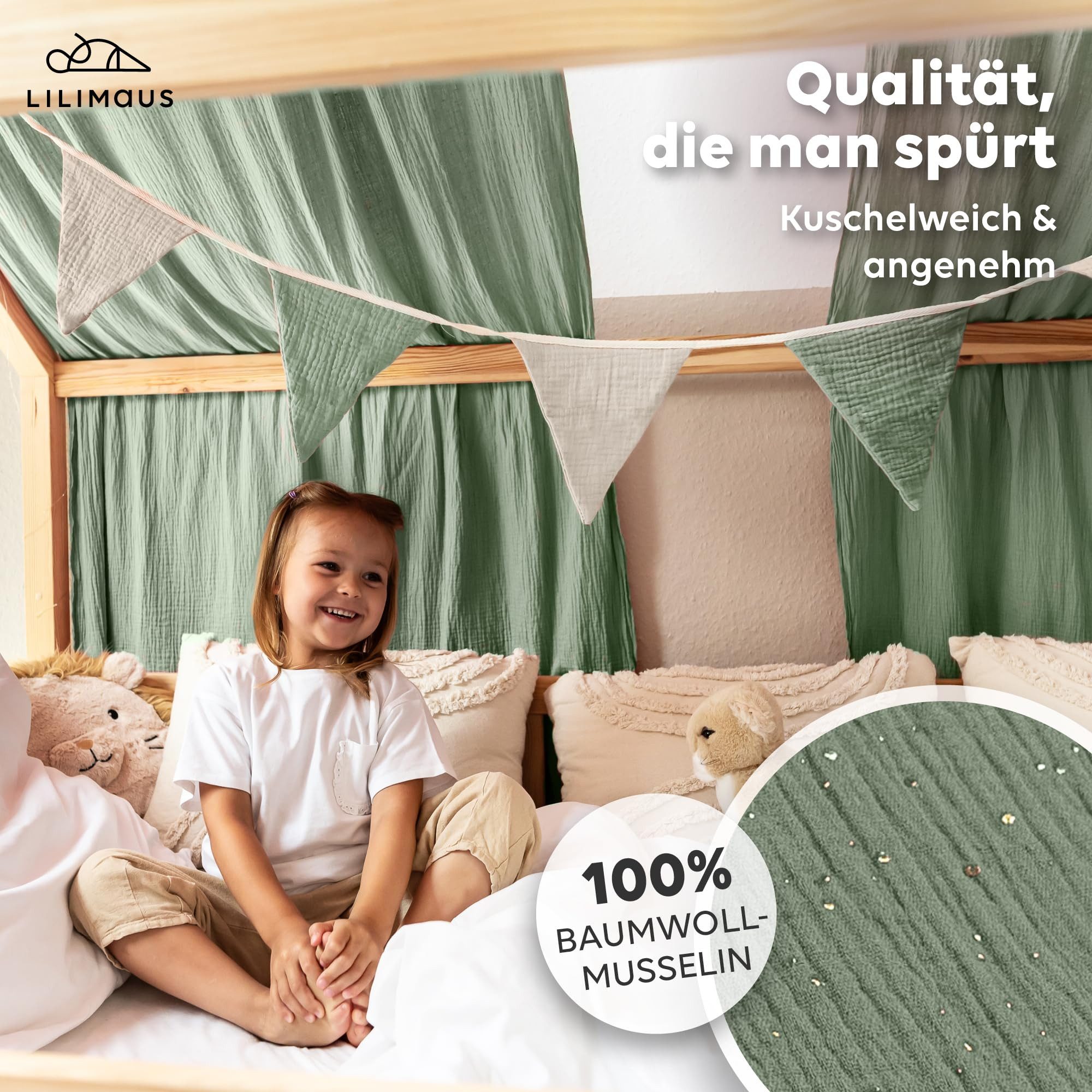 lilimaus Betthimmel Hausbett Himmel Gold aus 100% Musselin Baumwolle - 12 Farben (1-tlg), Musselin Hausbett Himmel mit Goldsternen, handgenäht