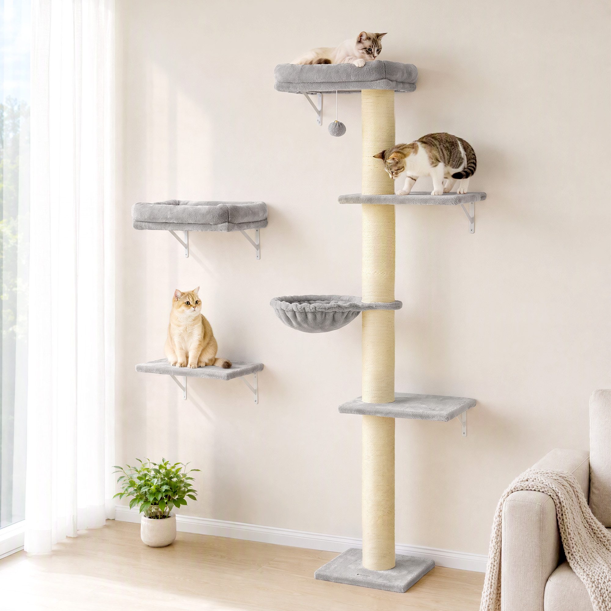 PawHut Katzen-Kletterwand Kratzstamm mit Hängematte, BxTxH: 64x29,5x178 cm