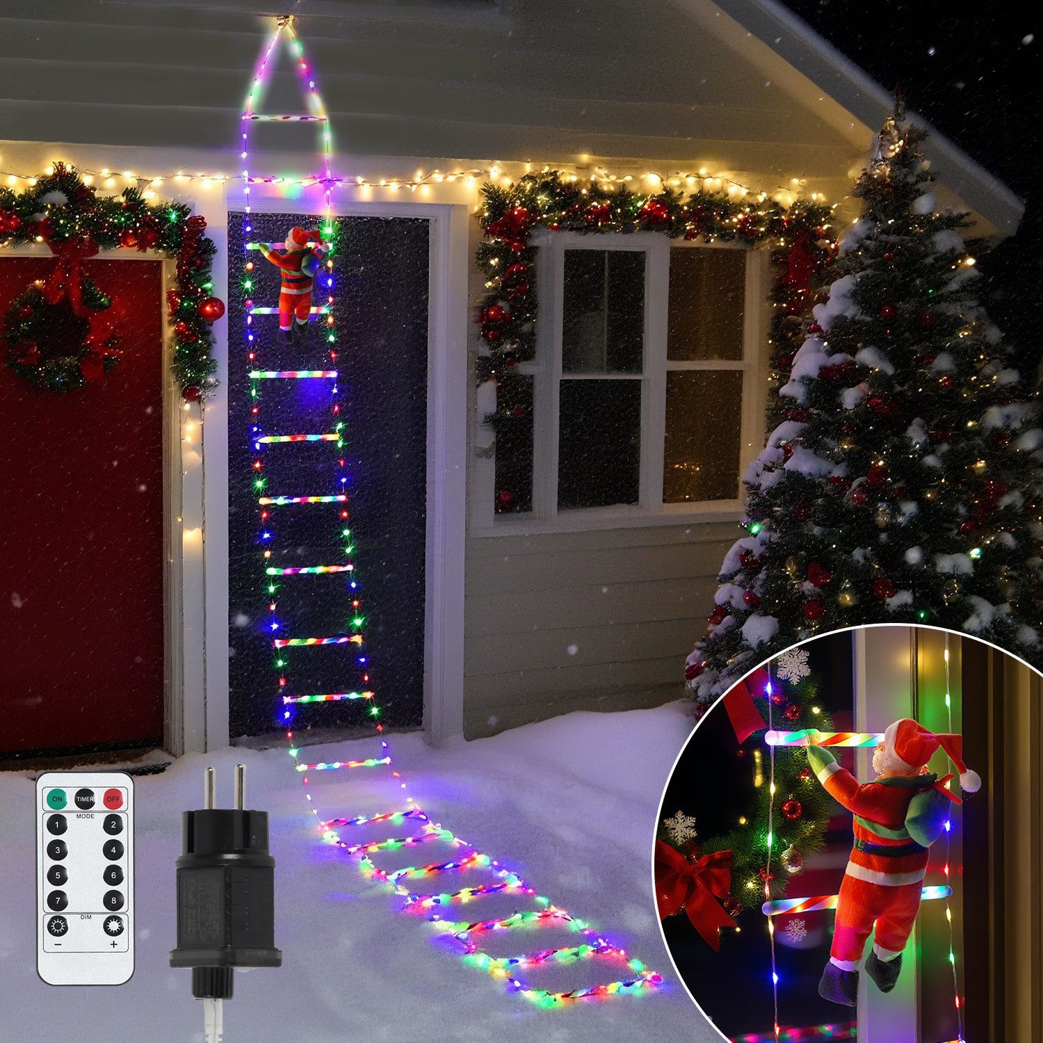 Clanmacy LED-Lichterkette RGB 3M Leiter Lichterkette mit Weihnachtsmann Weihnachtsbaum Party