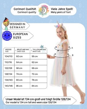 Corimori Prinzessin-Kostüm Bequemes Einhorn Kleid für Mädchen mit Flügeln, Haarreif, Glitzer, mit Flügeln, Haarreif, Glitzer Zauberstab und Tattoos, Größe 134/140