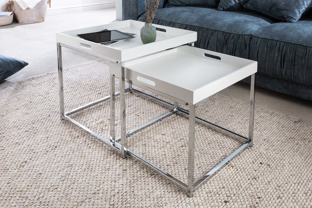 riess-ambiente Beistelltisch ELEMENTS 50cm weiß / silber (Set, 2-St), Wohnzimmer · Metall · abnehmbares Tablett · Modern Design weiß | weiß