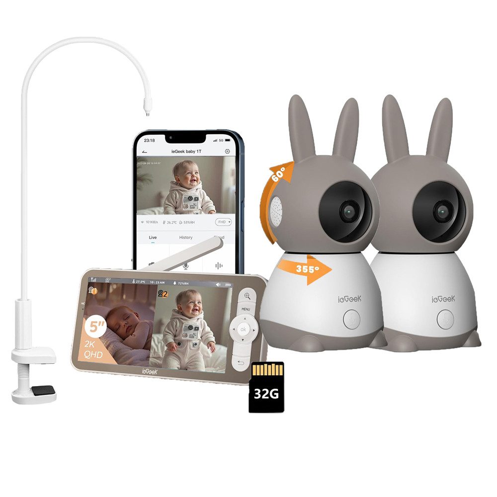 Babyphone Babyphone mit 2 Kamera 2K/3MP 5 Zoll mit Halterung mit 32G Karte