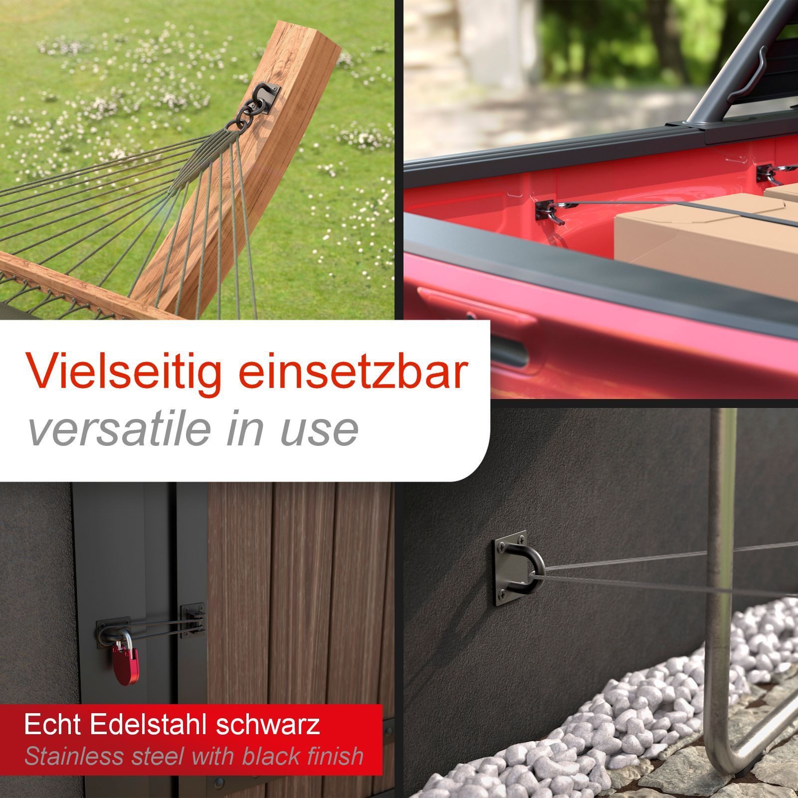 SO-TECH® Montagezubehör Befestigungs- und Zurröse für Sonnensegel, Sandsack, Seilzug (6 St), 35 x 30 mm Ankerplatte aus V2A Edelstahl SS304 schwarz