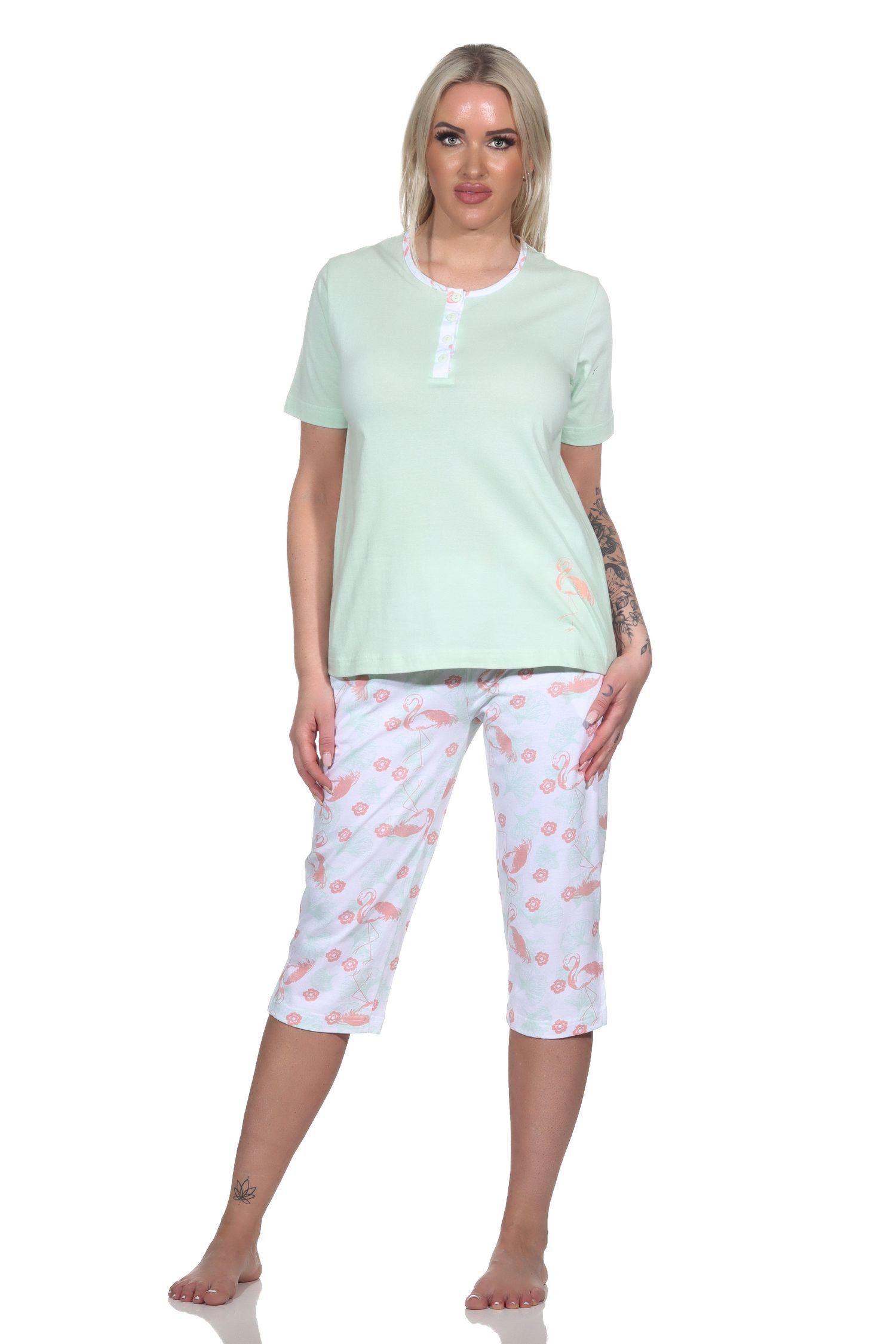 Pyjama Capri Damen Pyjama kurzarm Normann grün Motiv Schlafanzug Flamingo mit