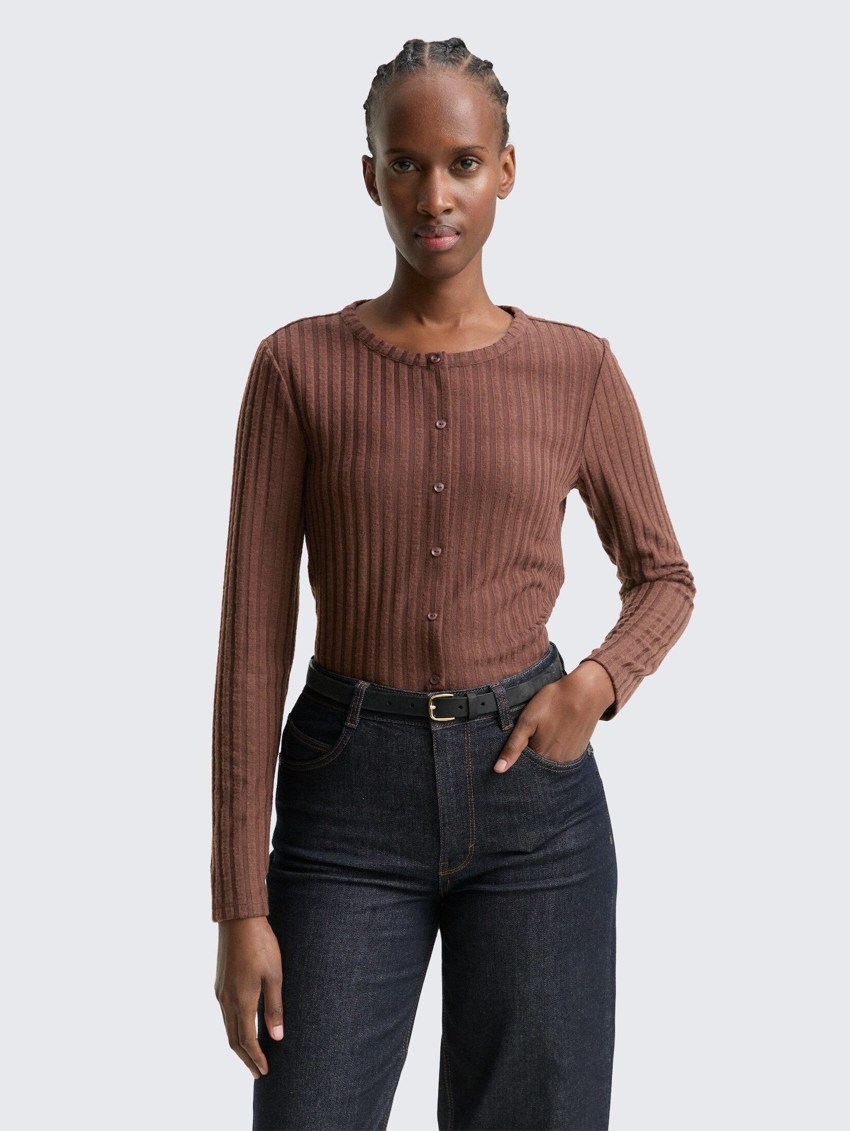 TOM TAILOR Denim Langarmshirt T-Shirt Slim Fit Langarmshirt mit Deko-Knopfleiste