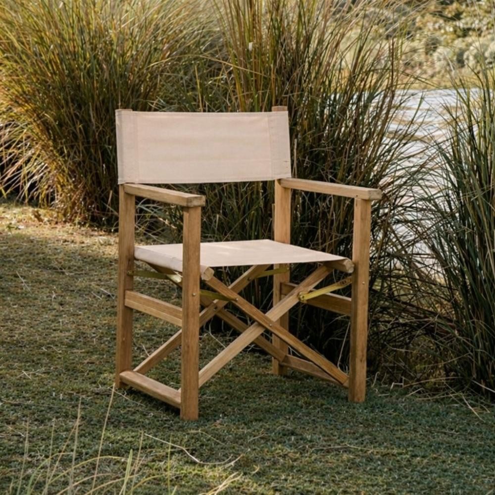 LebensWohnArt Stuhl Teak Klappstuhl REGIE natural – Outdoorstoff beige stone