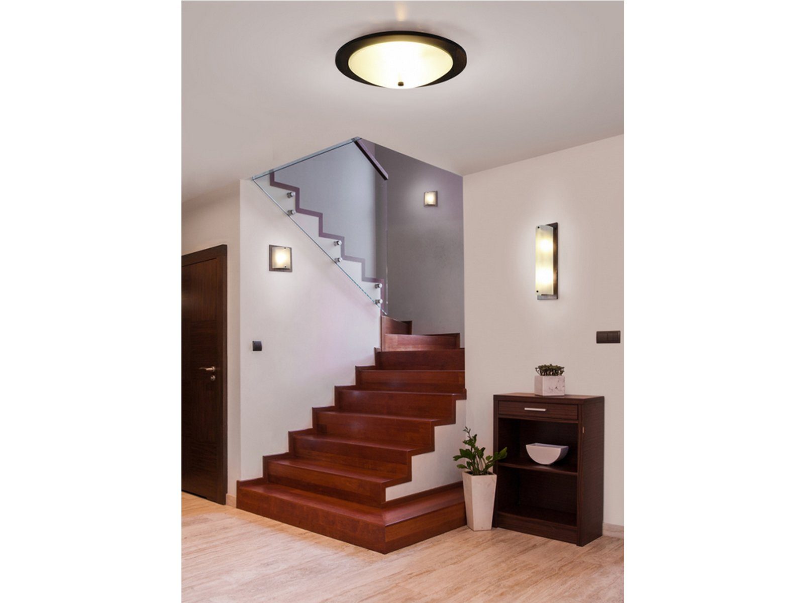 Braun/ LED Treppenaufgang, Treppenhaus rustikal Holz Dimmfunktion, Warmweiß, & Wandleuchte, flache Ø25cm meineWunschleuchte Weiß wechselbar, LED Holz-lampe innen