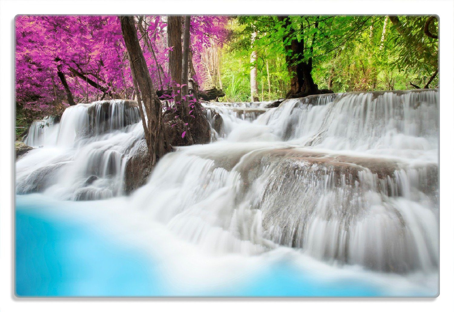 Wallario Frühstücksbrett Wasserfall in einem bunt gefärbten Wald, (inkl. rutschfester Gummifüße 4mm, 1-St), 20x30cm