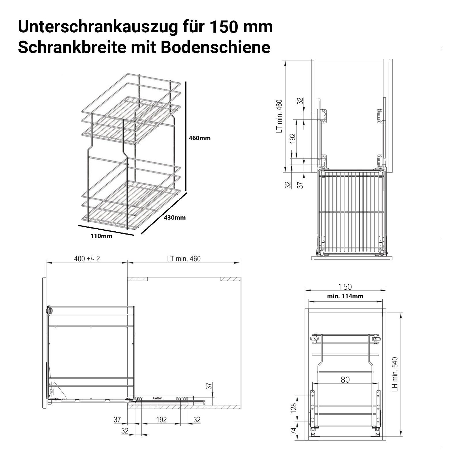Prima-Online Auszugsunterschrank Unterschrankauszug Küchenauszug Schrankauszug Bodenschiene 150-600 mm