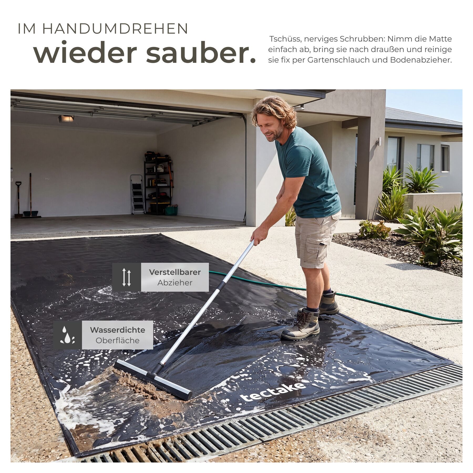 tectake Bodenschutzmatte Garagenbodenmatte mit Klettpads und Alkoholtüchern, 2,4 x 5,5 m, Gummibodenmatte, in schwarz, rutschfest und wasserdicht, erhöhter Rand – Bild 4 von 5