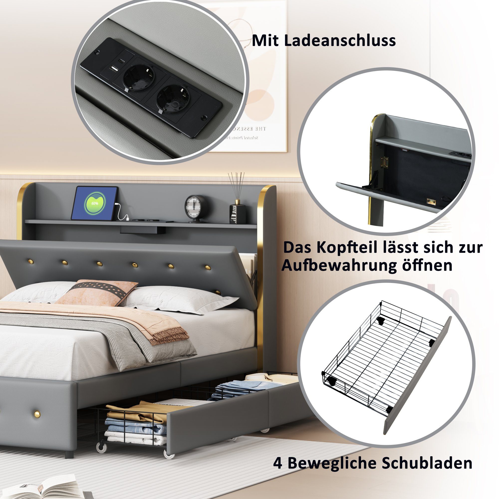 Polsterbett (Stauraumbett, Doppelbett), mit USB Typ C Ladefunktion und 4 Schubladen, Kunstleder, 140x200cm