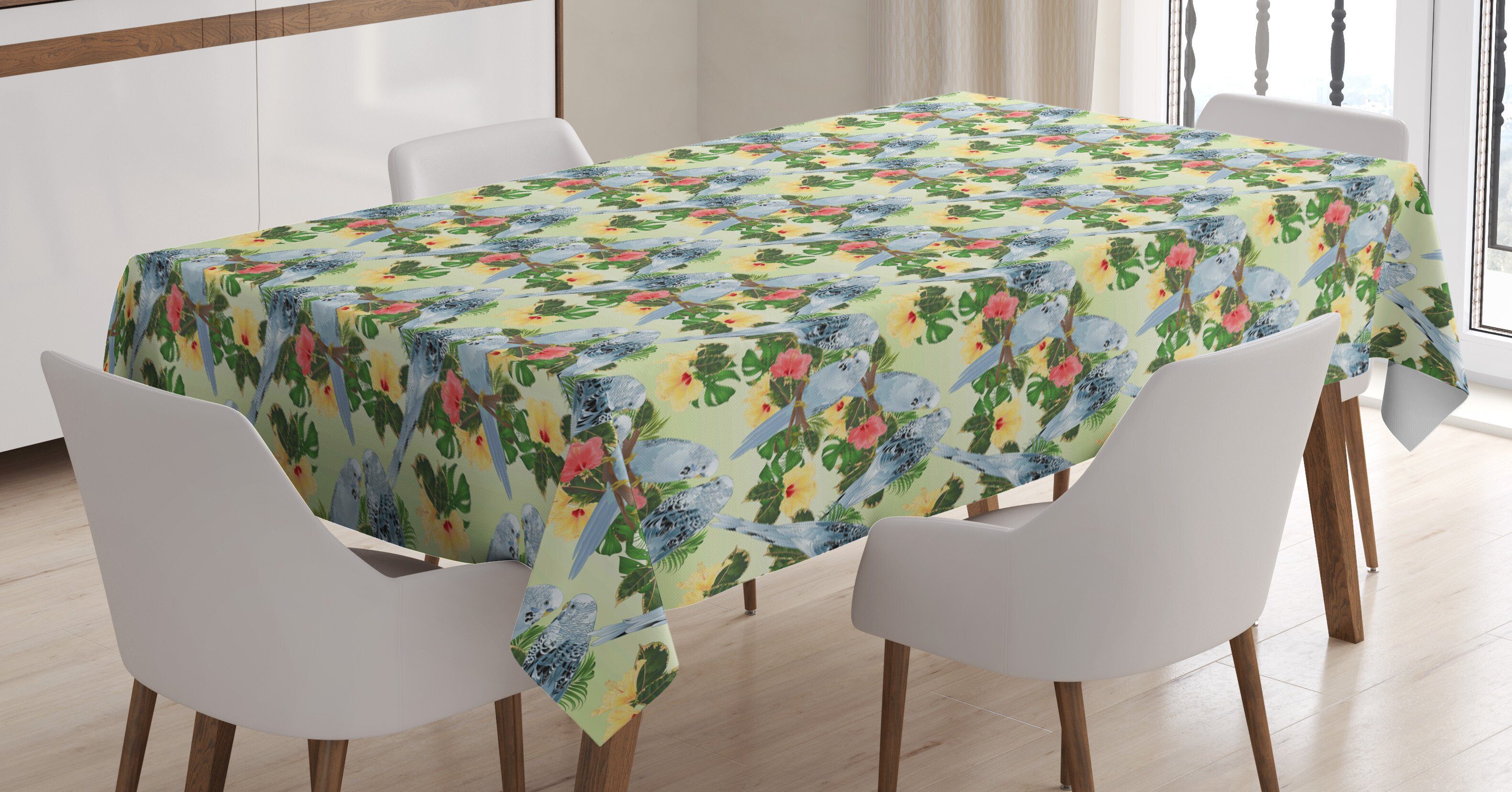 Abakuhaus Tischdecke Farbfest Waschbar Für den Außen Bereich geeignet Klare Farben, Hibiskus Vögel Zusammensetzung Blätter