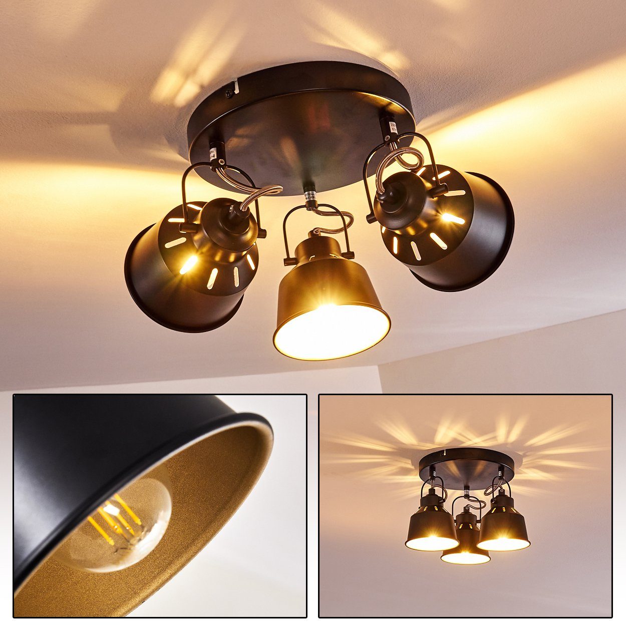 hofstein Deckenleuchte »Rimini« runde Deckenlampe aus Metall in Schwarz/Gold, ohne Leuchtmittel, mit verstellbaren Strahlern, 3xE14, Spot im Retro/Vintage Design