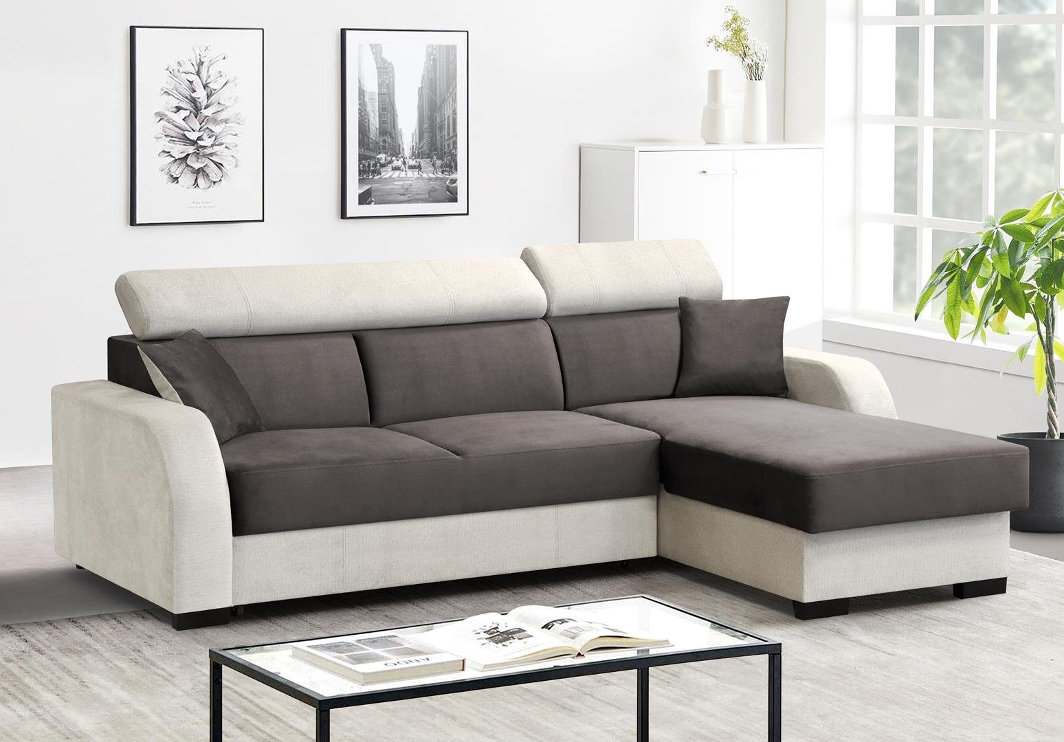 Beautysofa Ecksofa Ecksofa L-Form Ecke BUENO mit Schlaffunktion Polstersofa Wellenfedern cappucino (monolith 15 + monolith 04)