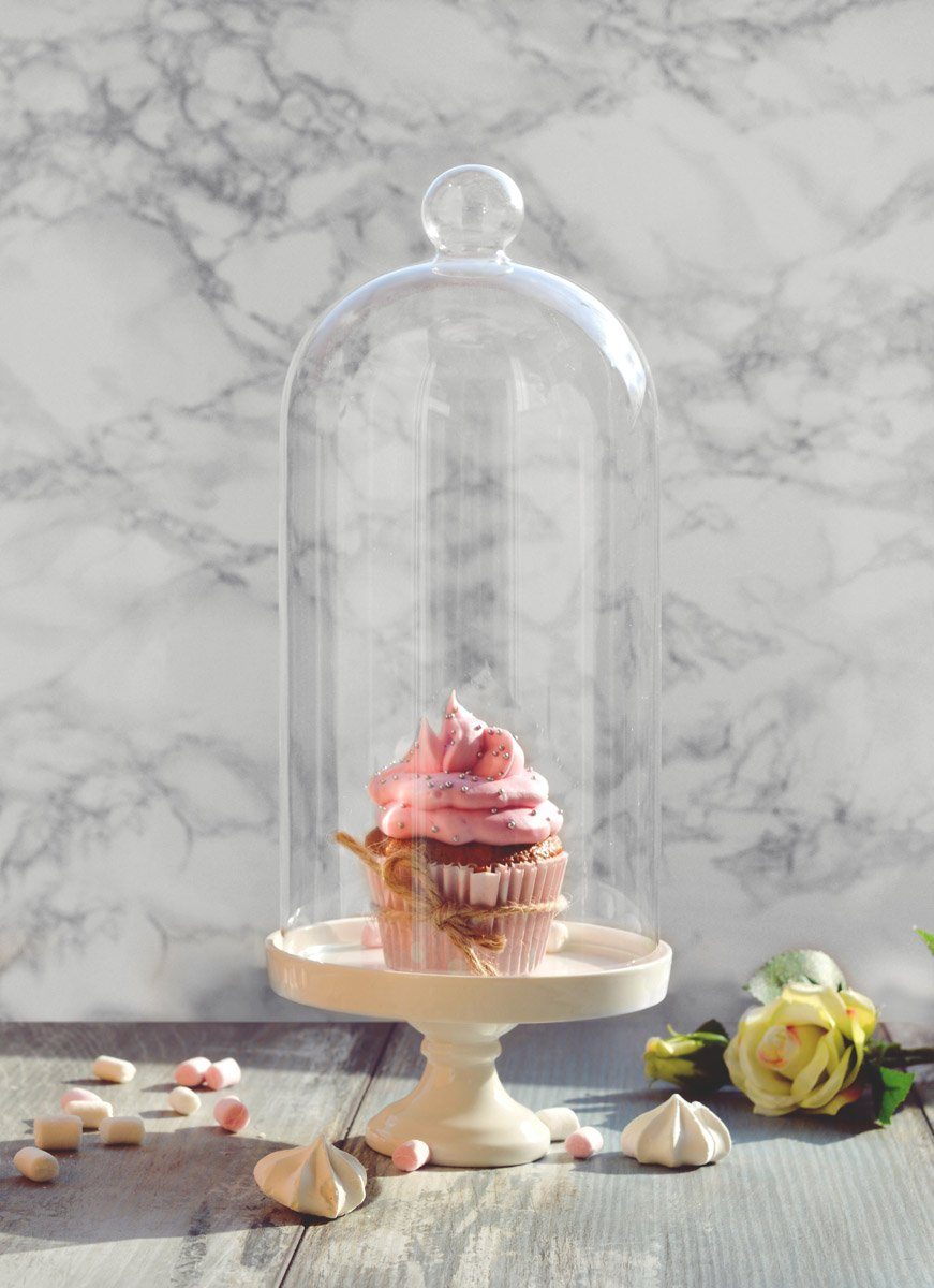 Sendez Tortenglocke Glasglocke mit Porzellanteller Dekoglocke Glassturz Glashaube 30cm