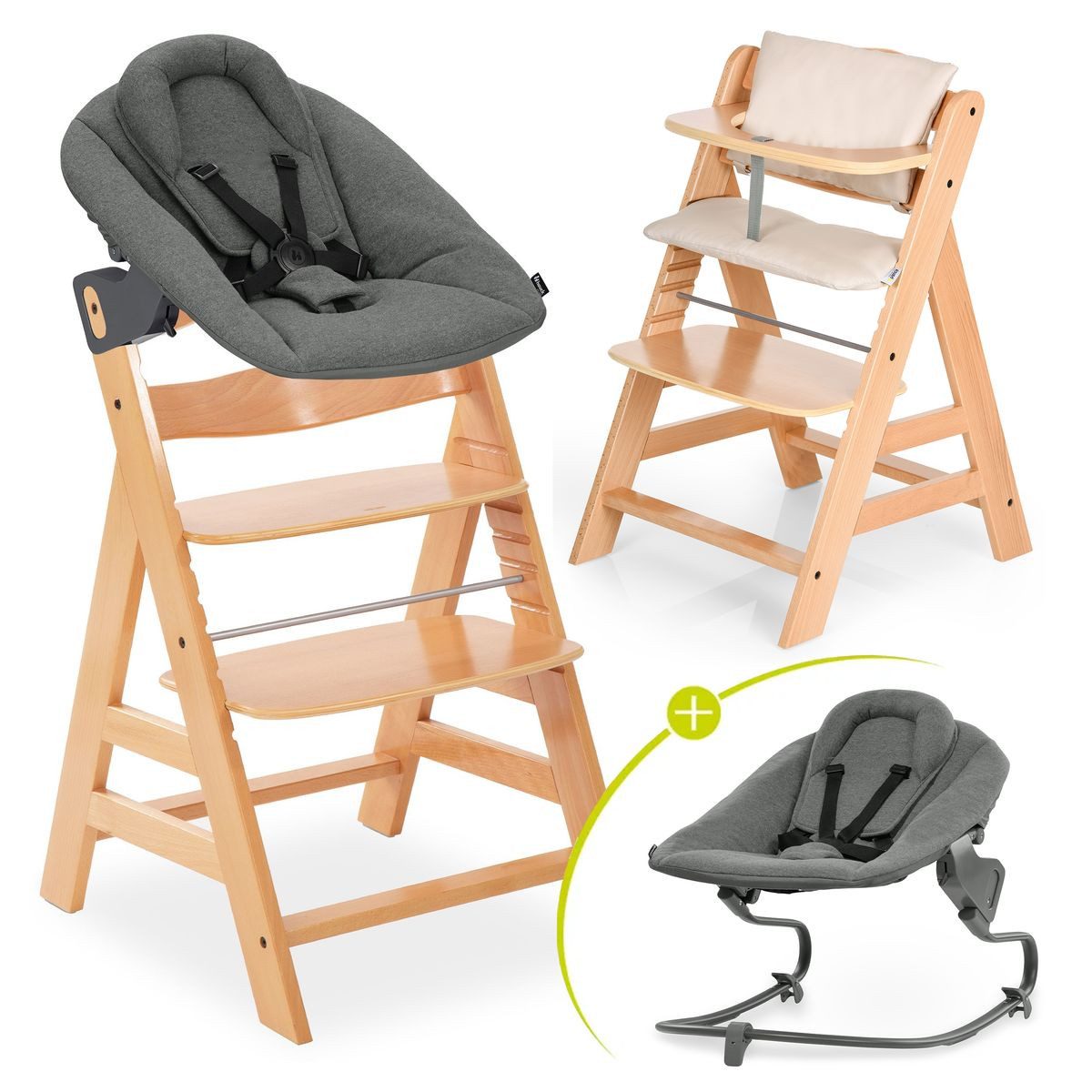Hauck Hochstuhl Alpha Plus Natur Newborn Set - Dark Grey, Holz Babyhochstuhl ab Geburt inkl. Neugeborenen Aufsatz & Sitzpolster