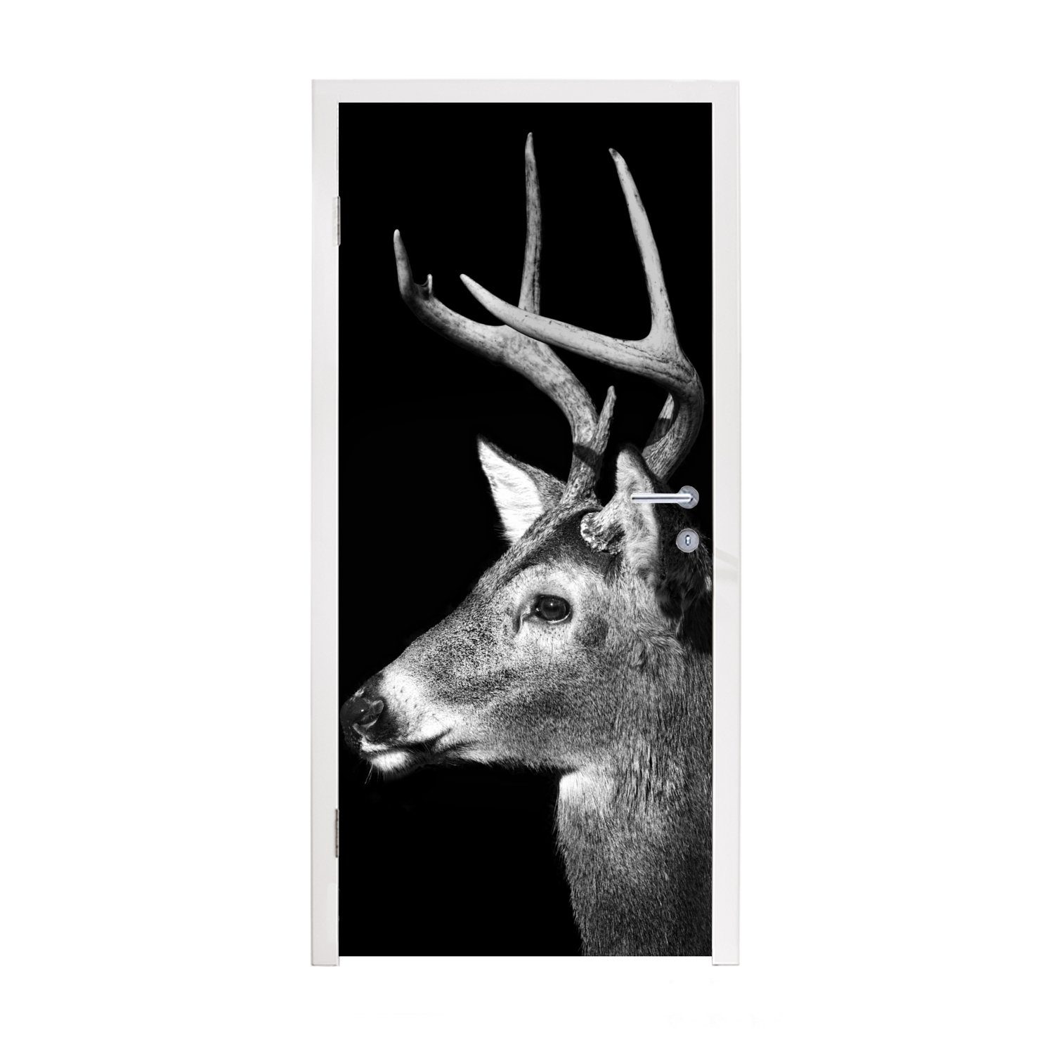 MuchoWow Türtapete Tierprofil Hirsche in schwarz und weiß, Matt, bedruckt, (1 St), Fototapete für Tür, Türaufkleber, 75x205 cm