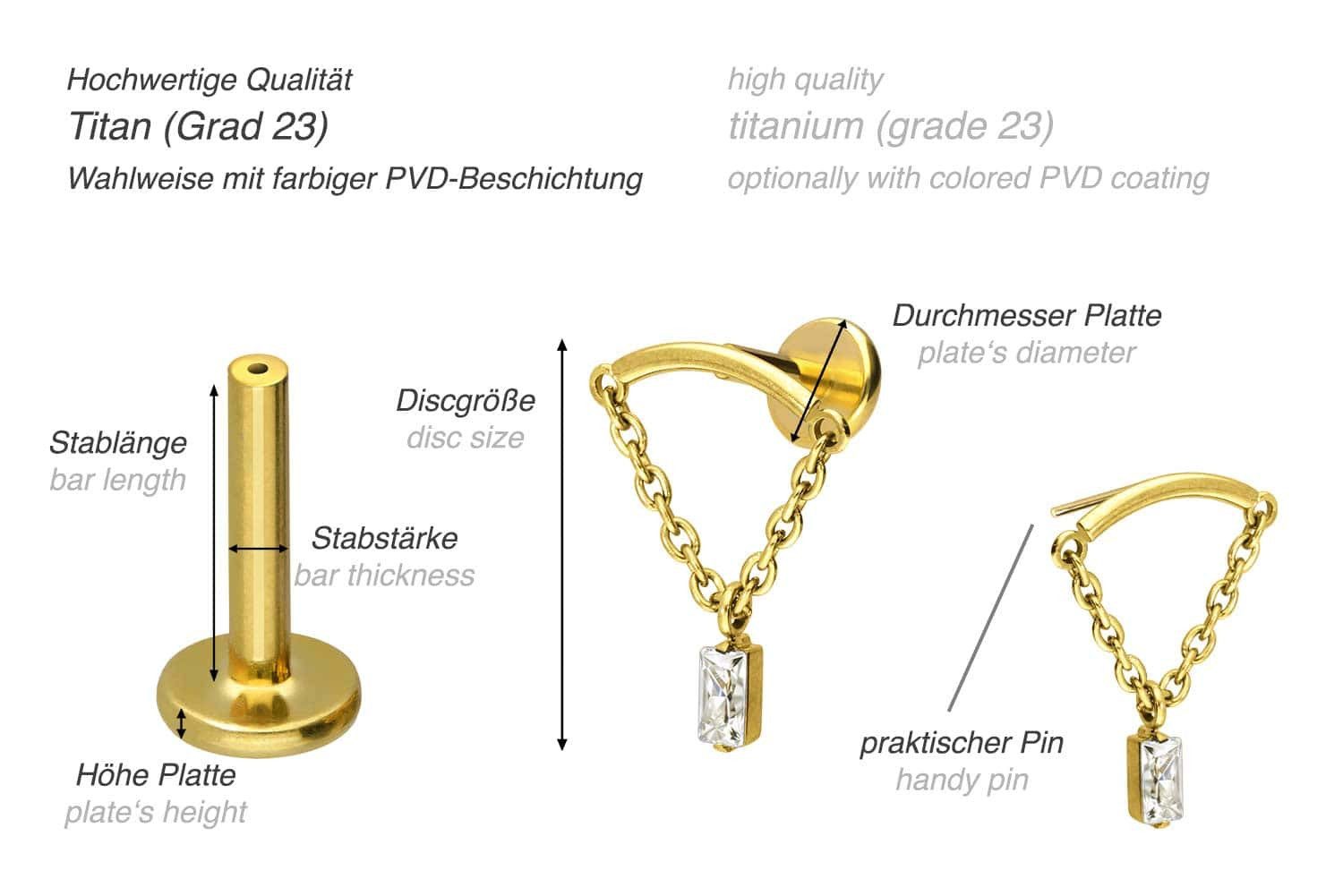 PIERCINGLINE Piercing-Set Titan Labret mit Push Fit BOGEN + KETTE + KRISTALLRECHTECK (Labrets, 1-tlg)