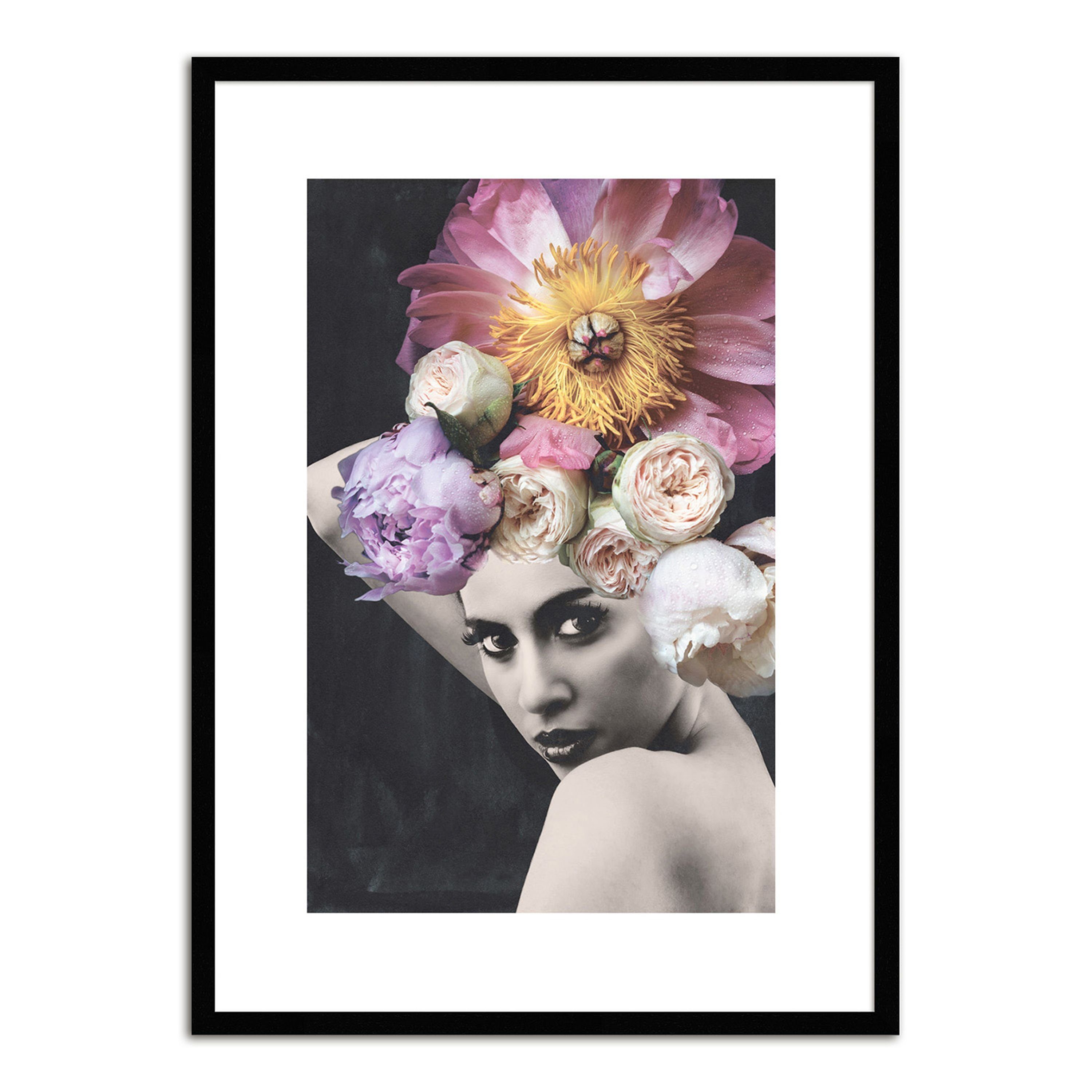 artissimo Bild mit Rahmen Bild gerahmt 51x71cm / Design-Poster mit Holz-Rahmen / Frau Blumen, Kopf mit Vintage-Blumen