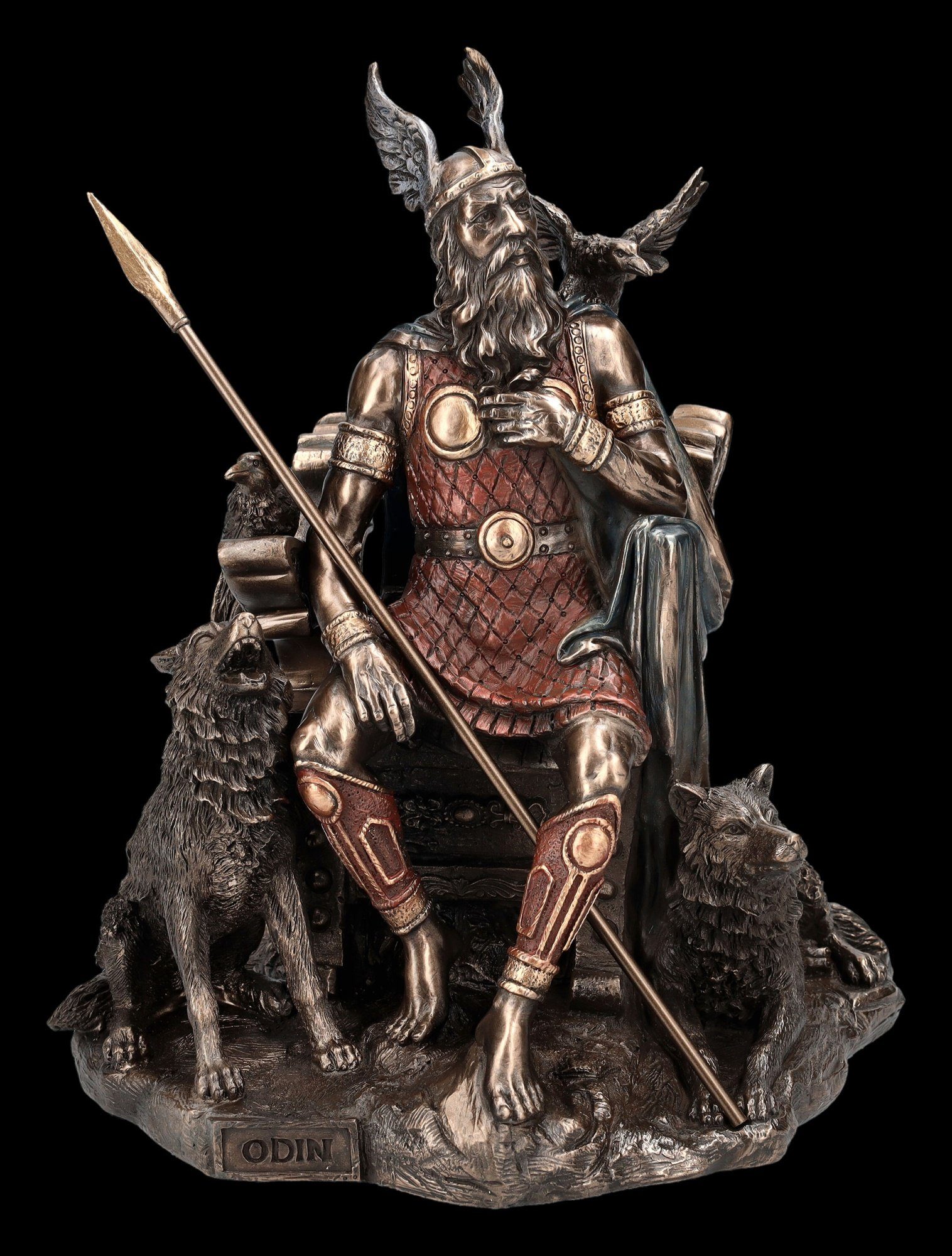 Figuren Shop GmbH Dekofigur Odin Figur mit Wölfen und Rabe auf Thron - Myhtologie Veronese Dekofigur Götterdeko
