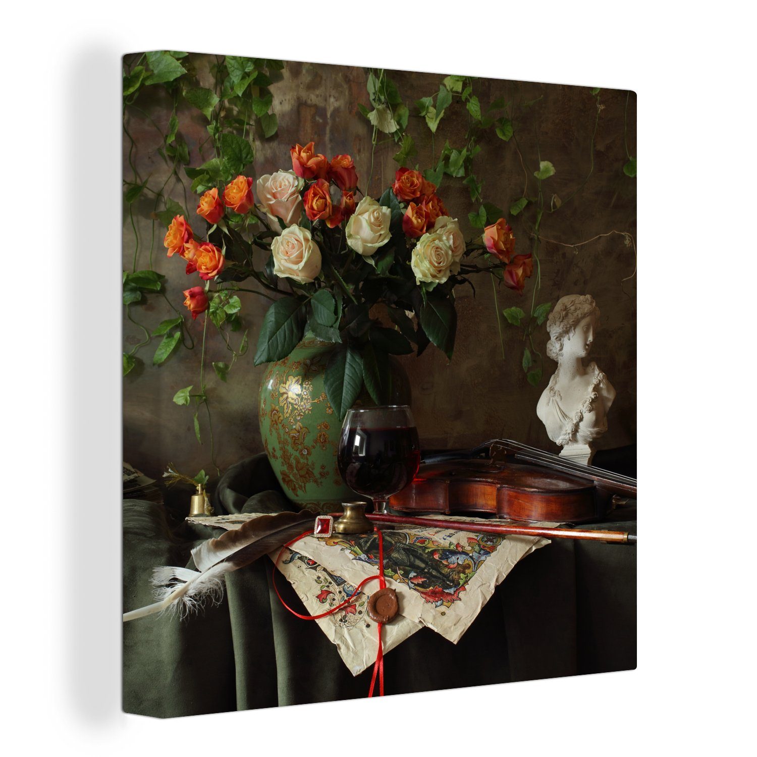 OneMillionCanvasses® Leinwandbild Stilleben - Rosen - Geige, (1 St), Leinwand Bilder für Wohnzimmer Schlafzimmer | Leinwandbilder
