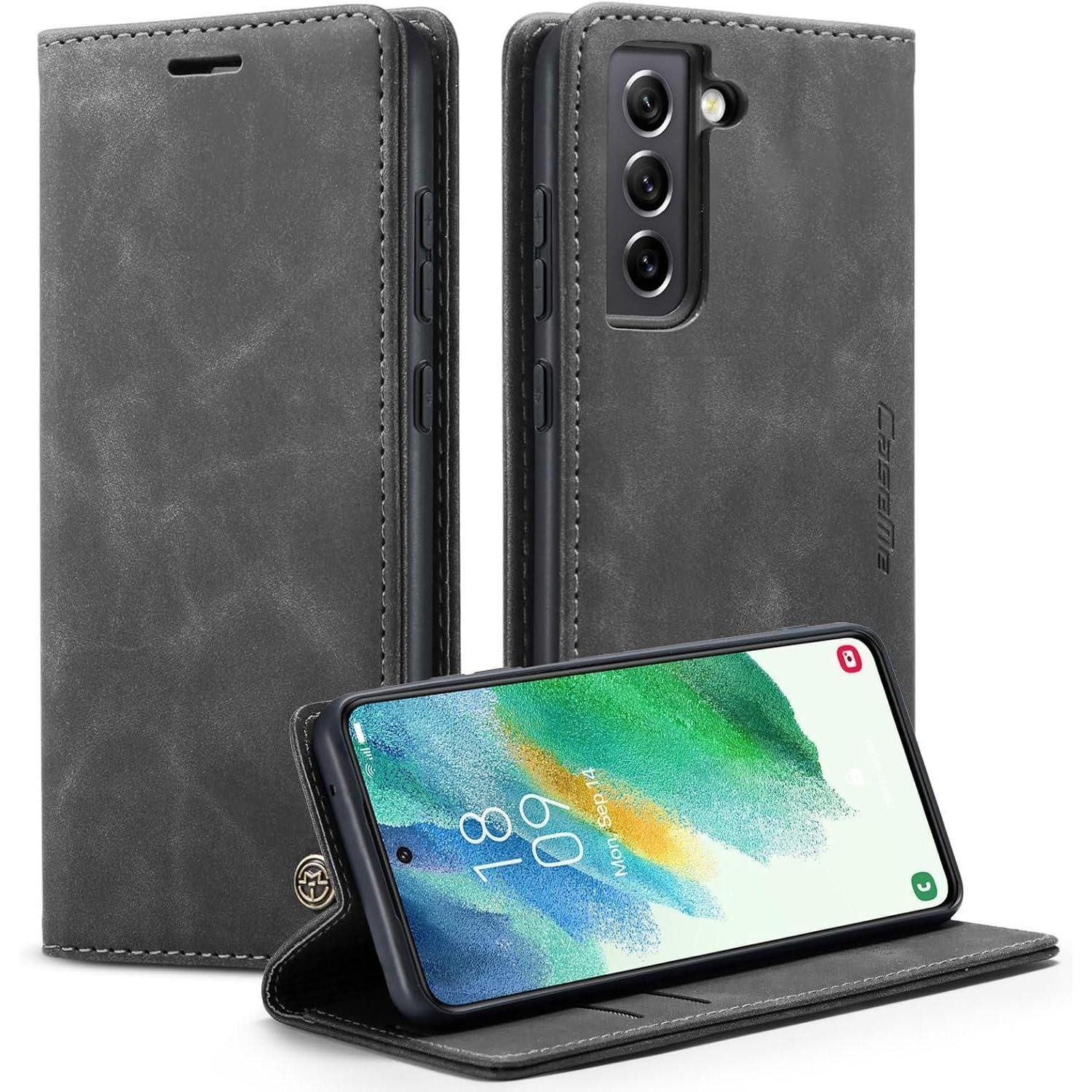 LuxusKollektion Flip Case Handyhülle S21 FE 5G Klapphülle Kartenfach Grau in Lederoptik