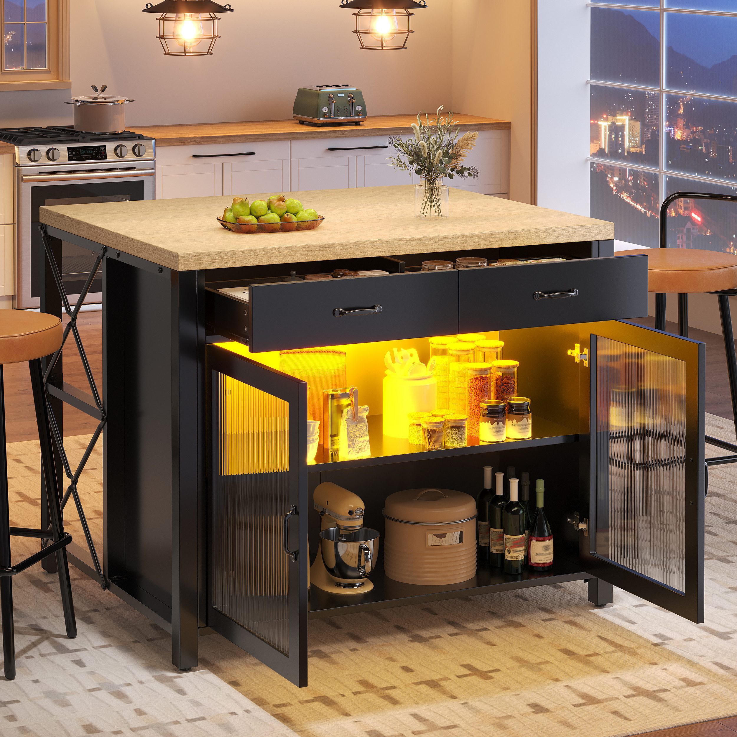 STILVORA Kücheninsel Bartisch mit verstellbare Füße und Holzstruktur Servierwagen mit LED, (Kücheninsel / Bartisch mit LED), verstellbare Füße, LED, multifunktional (Küche & Bar), stabil, modern