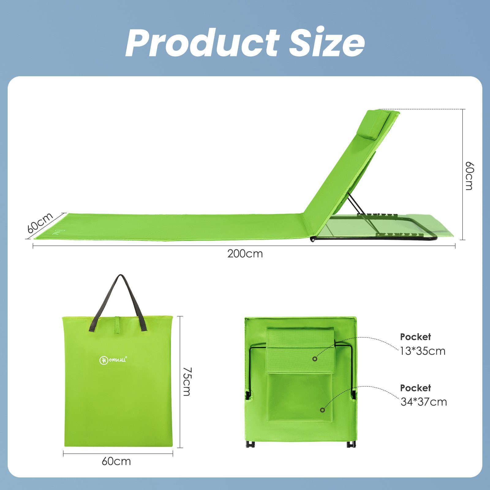 verstellbarer, leicht, 200x60cm HOMECALL Strandliege mit Strandmatte Strandtuch grün Textilene, 6 Schnell Gepolsterte Trocknet, Tasche, fach klappbar Liegestuhl