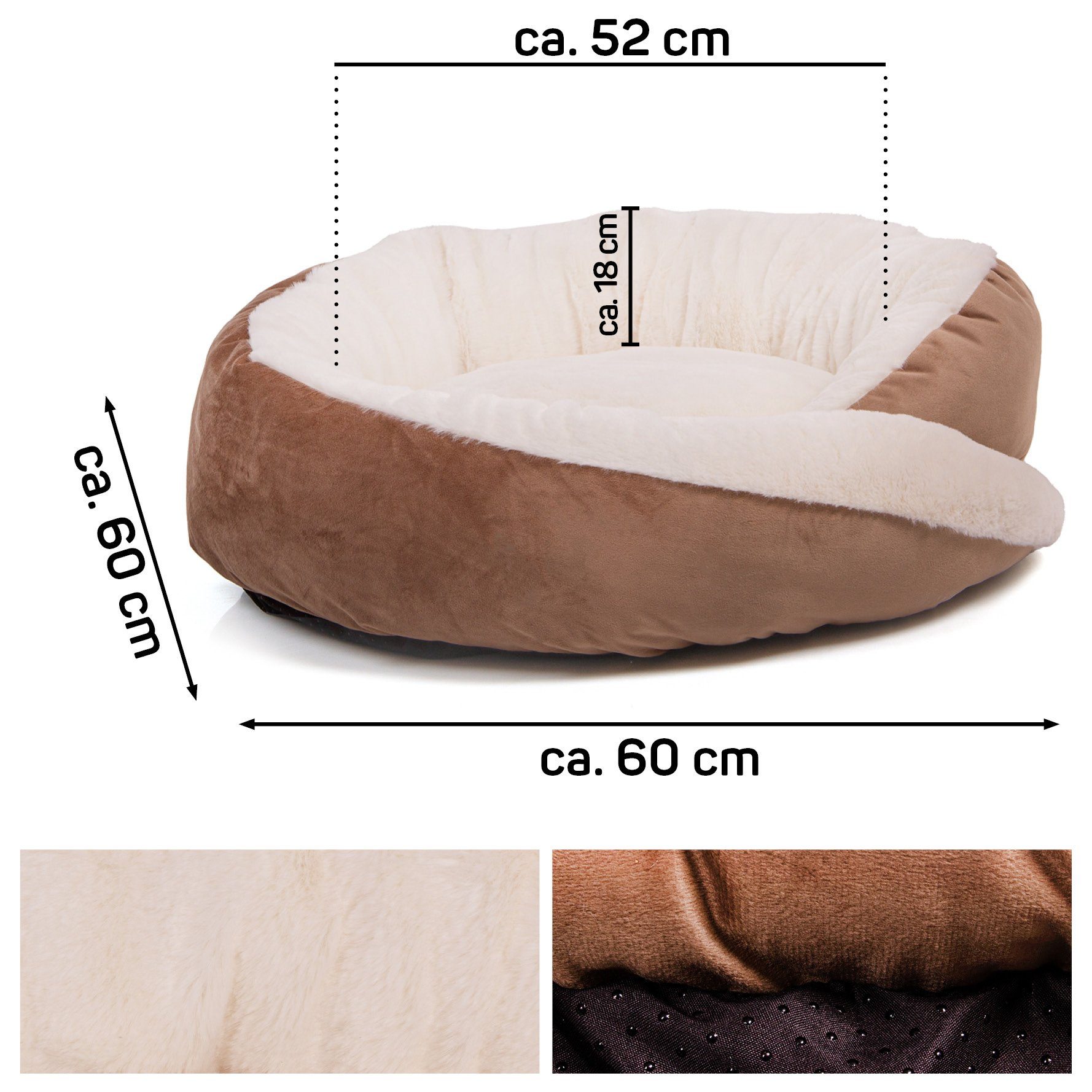Wallace & Jones Hundekorb Hundebett Harmony, braun/beige, ca. 60 x 60x 18 cm, Hundekissen, Hundebett mit Rand, rutschfest