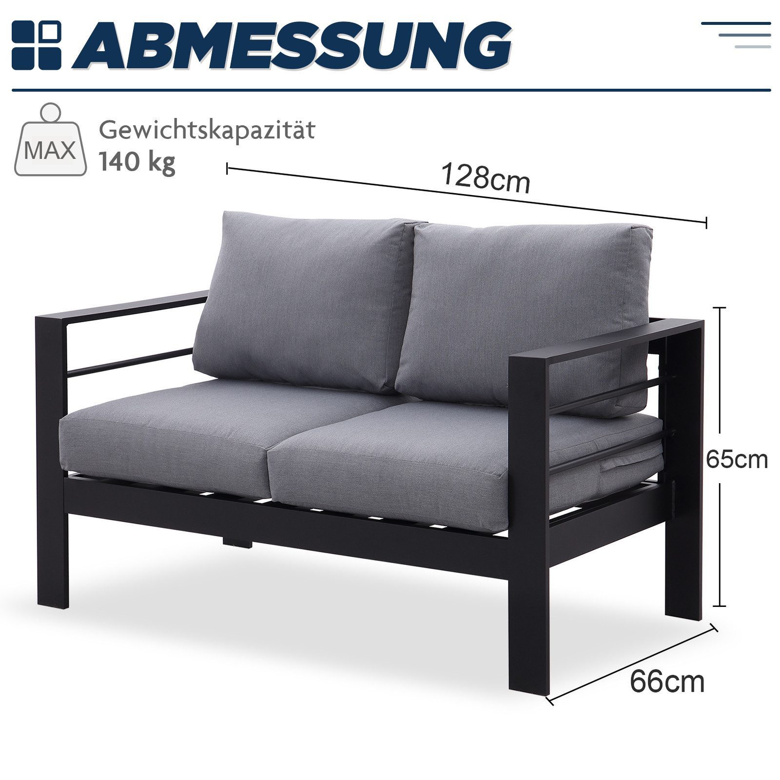 MeXo Loungesofa Gartensofa für Balkon 2 Sitzer Aluminium outdoor wetterfest, 12cm Deluxe Relax-Sitzkissen, Belastbarkeit pro Sitzplatz 140kg, 128×65×66cm luxus  – Bild 3 von 5