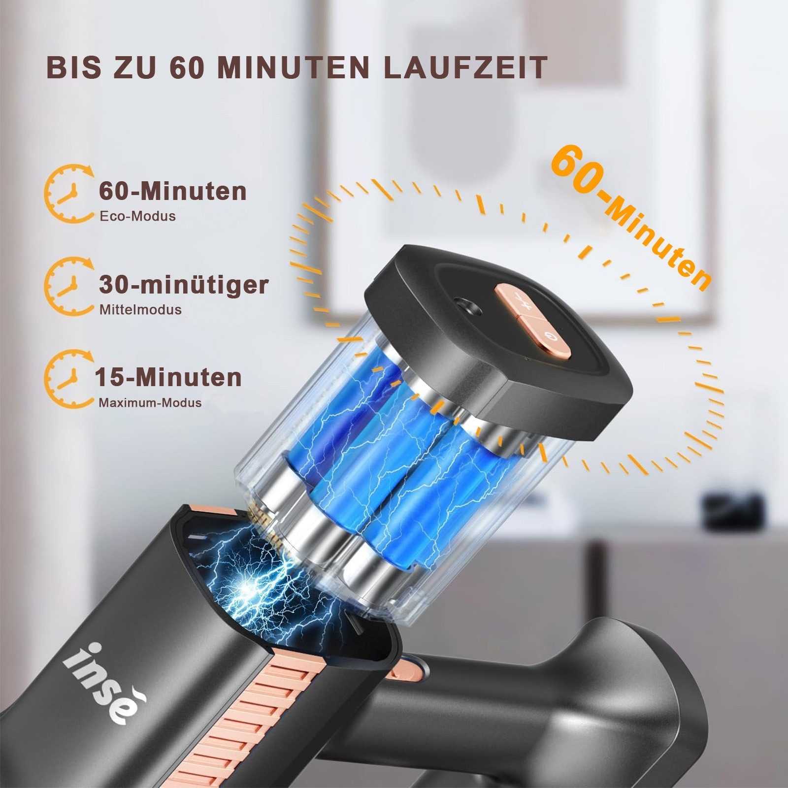 INSE Akku-Hand-und Stielstaubsauger 50000Pa,AkkuStaubsauger 60 Minuten, 1.2L,3 HEPA Filter Akkusauger, Akku Staubsauger, LED-Anzeige,3 Saugstufen,Handstaubsauger Kabelloser