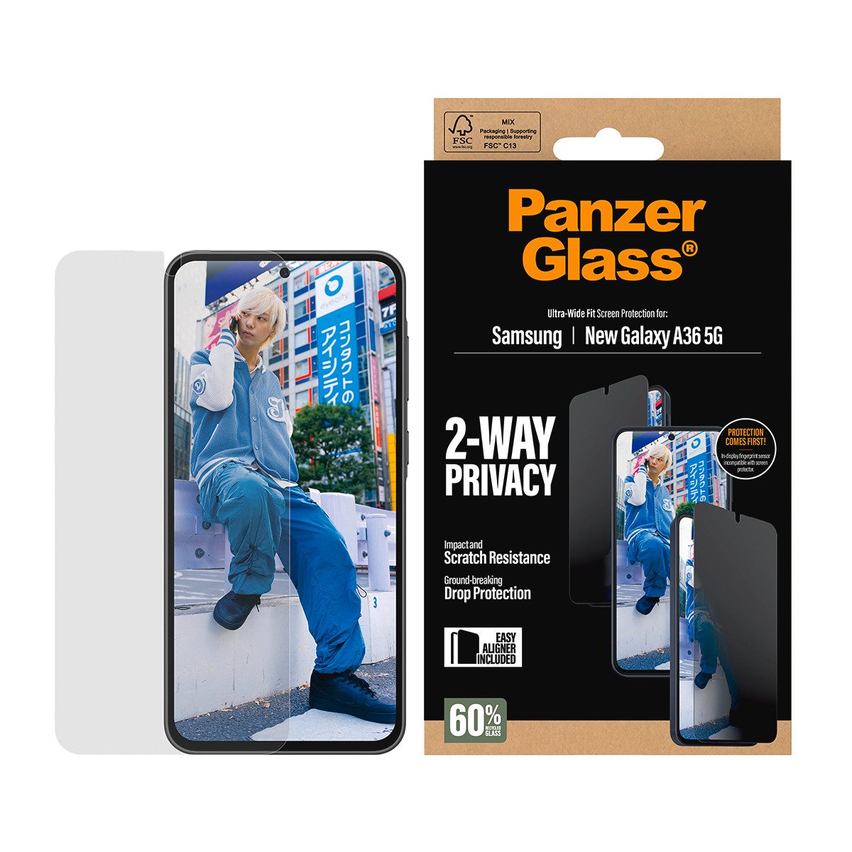 CARE by PanzerGlass Displayschutzglas Ultra-Wide Fit 2-Way Privacy Screen Protector für Samsung Galaxy A37, Displayschutzfolie, Schutzfolie, Bildschirmschutz, kratz- & stoßfest