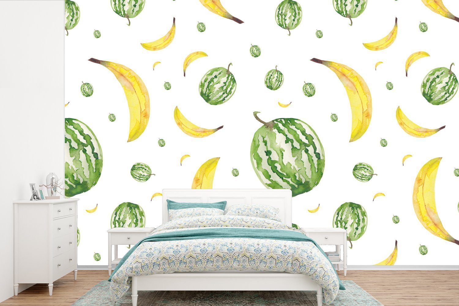 MuchoWow Fototapete Bananen - Melonen - Schablonen, Matt, bedruckt, (6 St), Wallpaper für Wohnzimmer, Schlafzimmer, Kinderzimmer, Vinyl Tapete