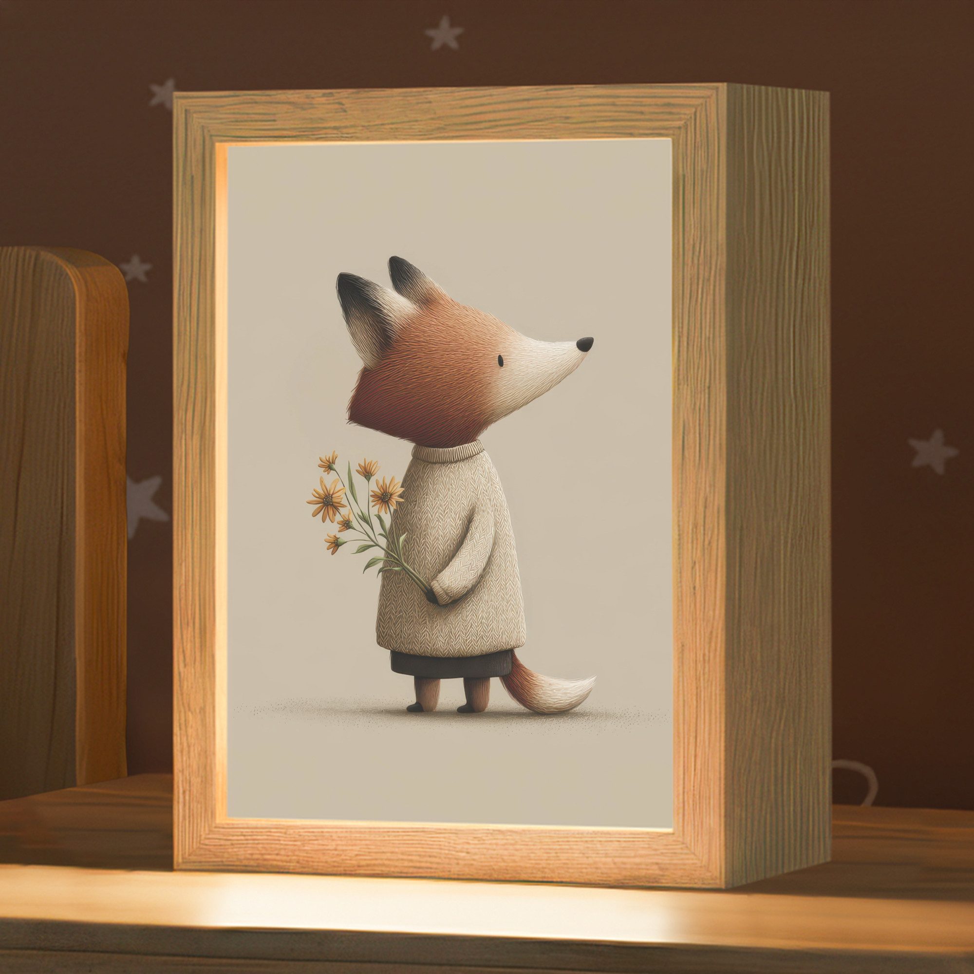 OnlyWow Nachttischlampe Lightbox Fuchs - Gelbe Blumen - Minimalistisch - Jungen, Dimmbar, Farbwechsel, LED, Warmweiß, Kaltweiß, Neutralweiß Einstellbar, Kinderzimmer, Babyzimmer, Dimmbar, mit Kabel, Nachtlampe, LED