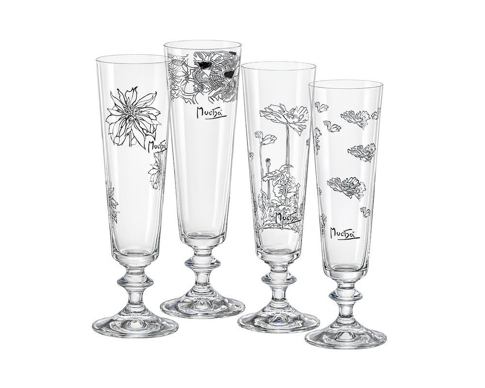 Crystalex Sektglas Sektglas Bella von Mucha 205 ml 4er Set Kristallglas, Kristallglas, 4 verschiedene bedruckte Скло